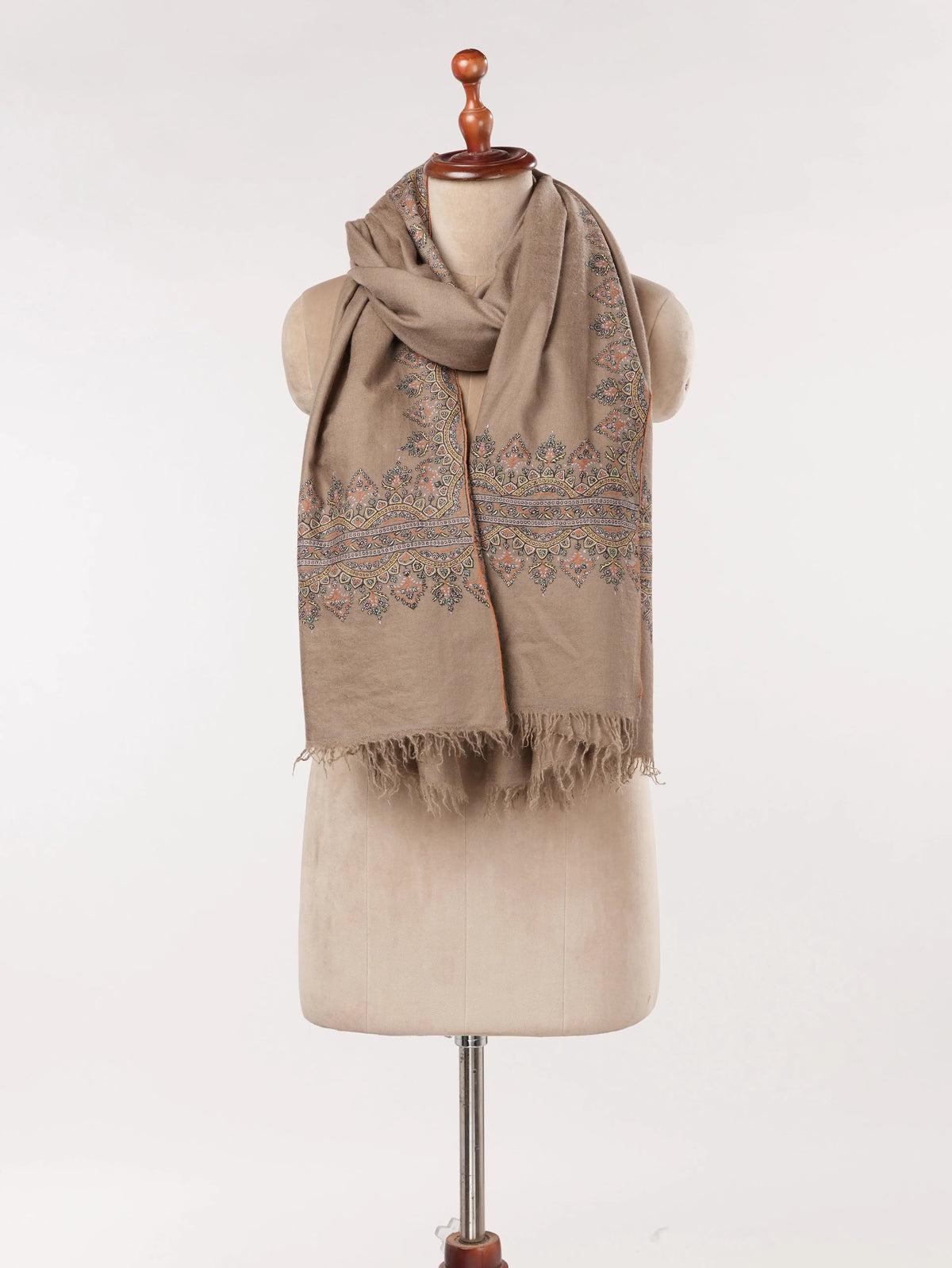 Dark Taupe Kashmiri Handwoven Pashmina Shawl with Hand Palla Embroidery Shahkaar.com