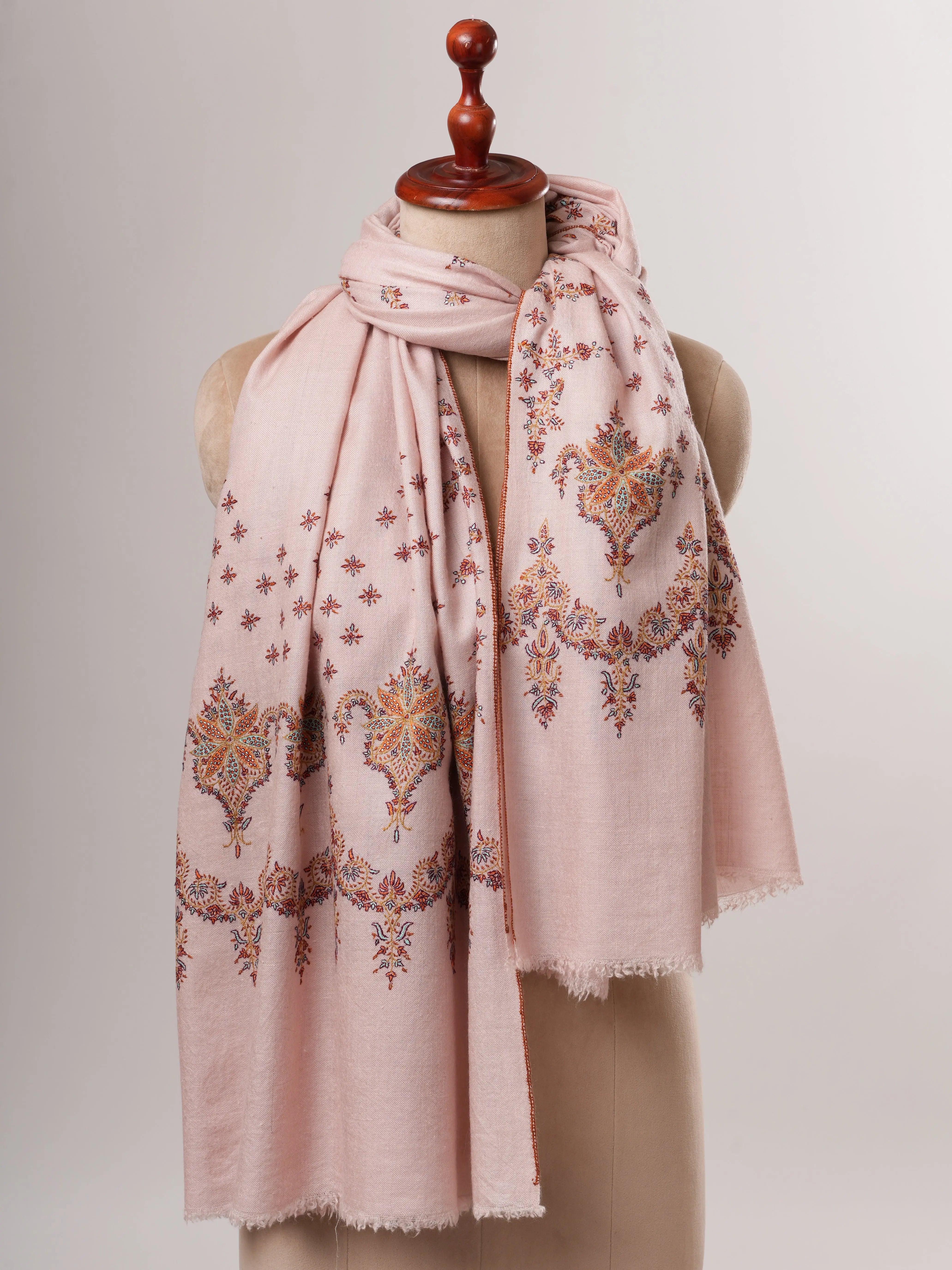 Baby Pink Pashmina Shawl – Hand-Embroidered Palla Design Shahkaar