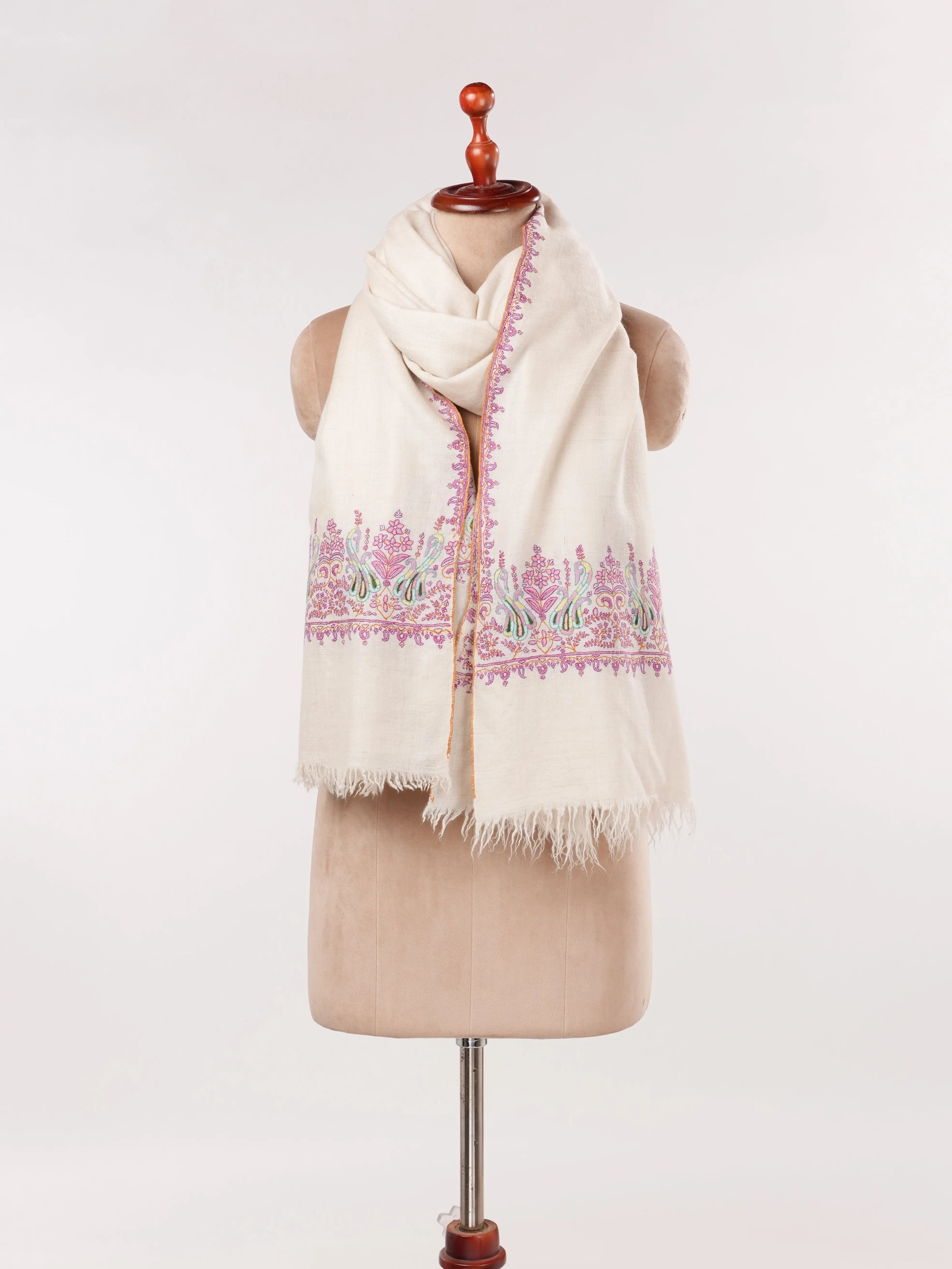 Kashmiri Handwoven Natural White Pashmina Shawl with Palldar Hand Embroidery Shahkaar.com