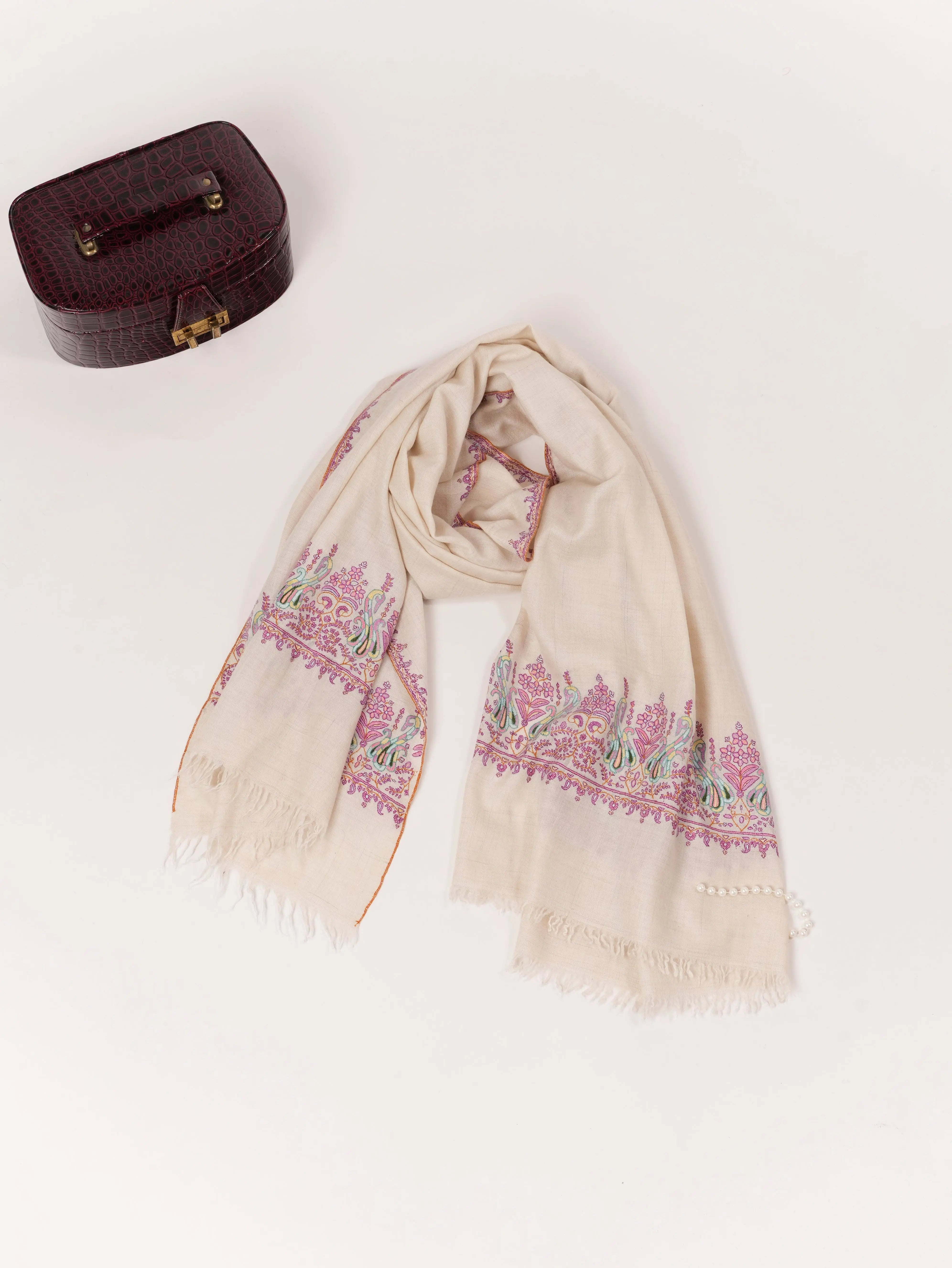 Kashmiri Handwoven Natural White Pashmina Shawl with Palldar Hand Embroidery Shahkaar.com