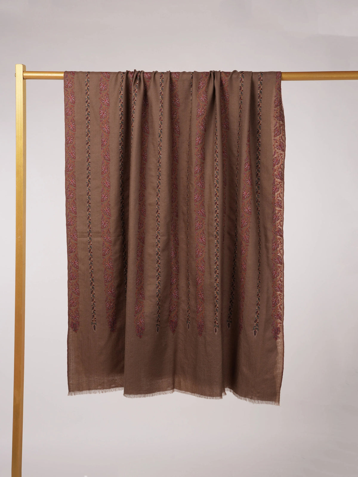 Kashmiri Dark Taupe Handwoven Pashmina Shawl with Hand Khatrass Embroidery Shahkaar.com