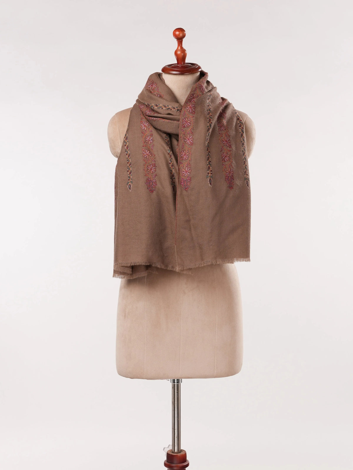 Kashmiri Dark Taupe Handwoven Pashmina Shawl with Hand Khatrass Embroidery Shahkaar.com