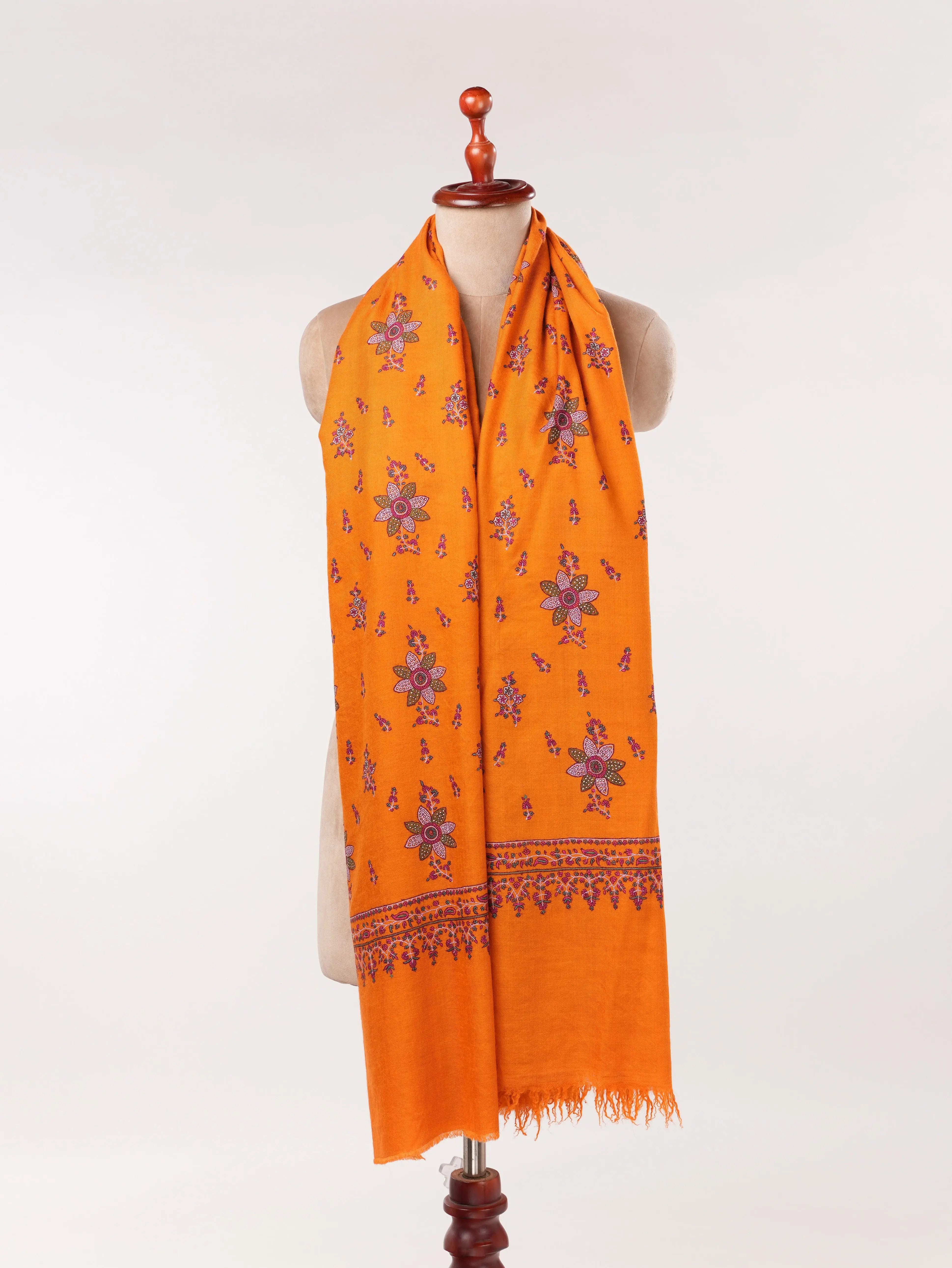 Orange Kashmiri Handwoven Pashmina Shawl with Floral Hand Sozni Embroidery Shahkaar.com