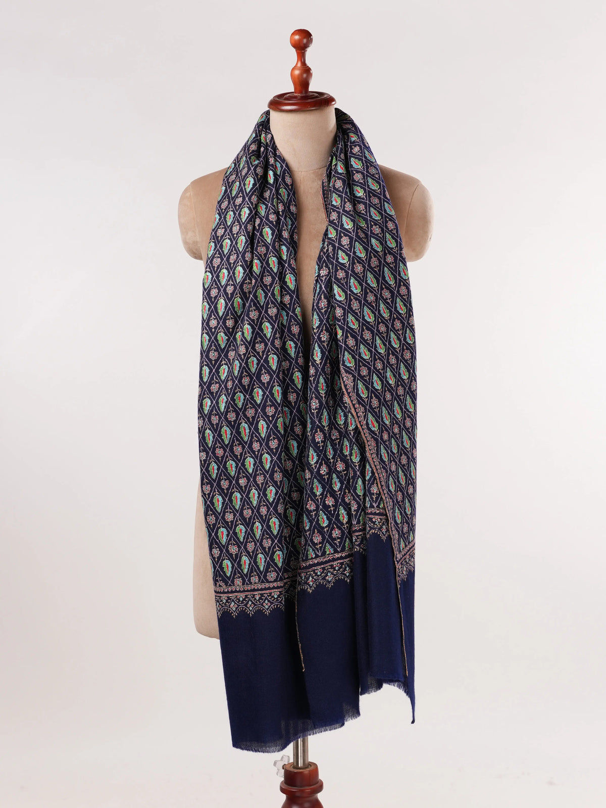 Jali Sozni Hand Embroidered Origina Dark Blue Handwoven Pashmina Shawl Shahkaar.com