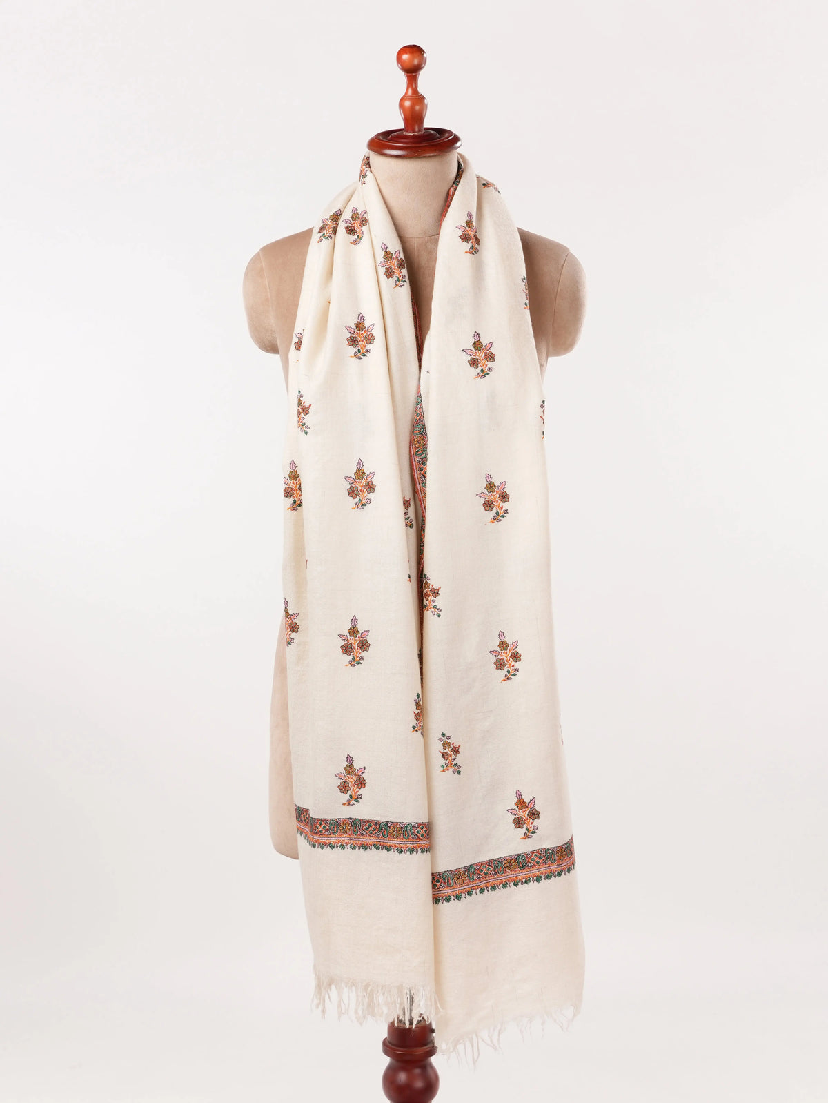 Handwoven Natural White Pashmina Shawl with Buteh Hand Embroidery