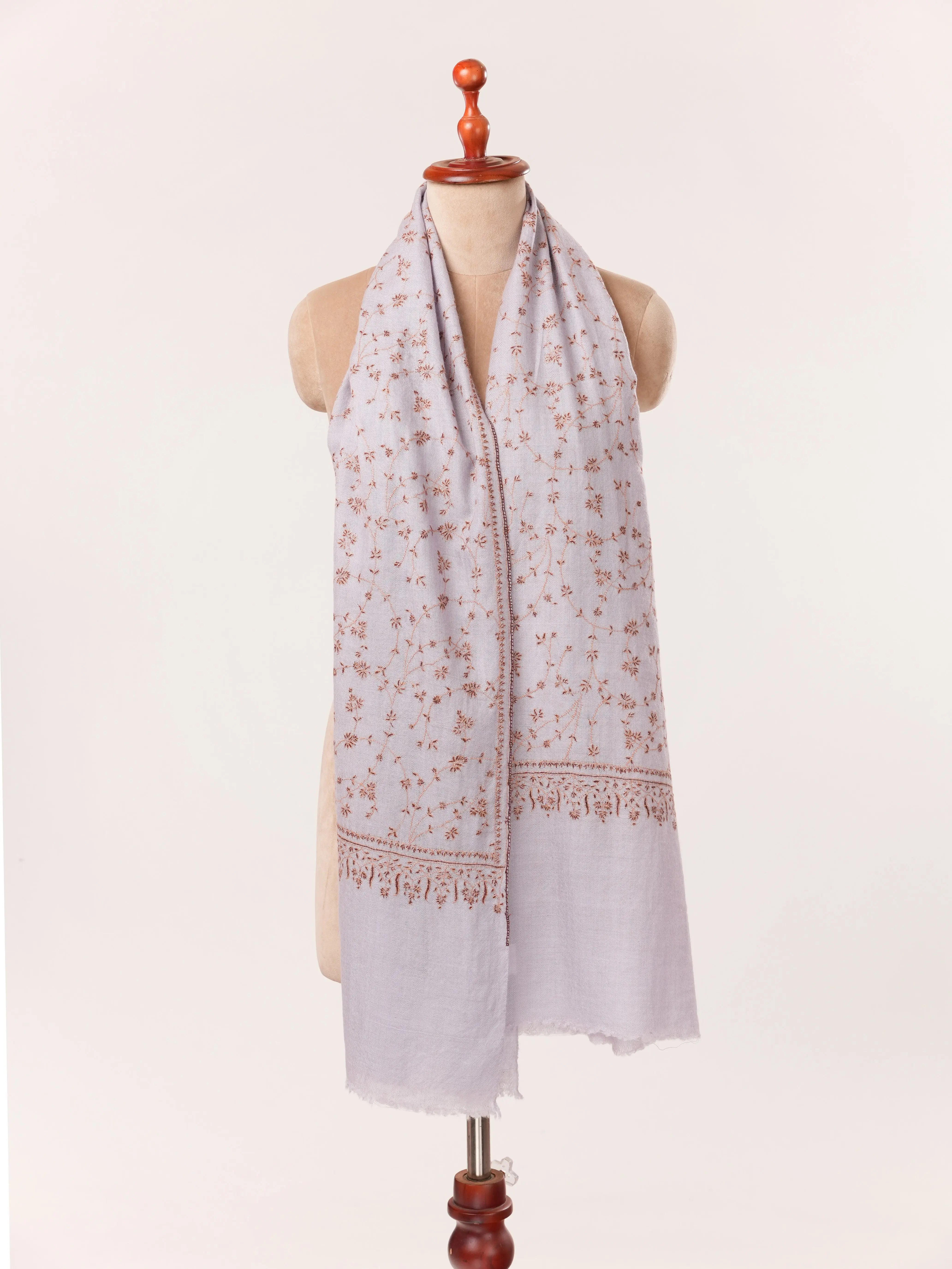 Misty Lavender Cashmere Kashmiri Handwoven Scarf with Hand Sozni Jali Embroidery Shahkaar.com