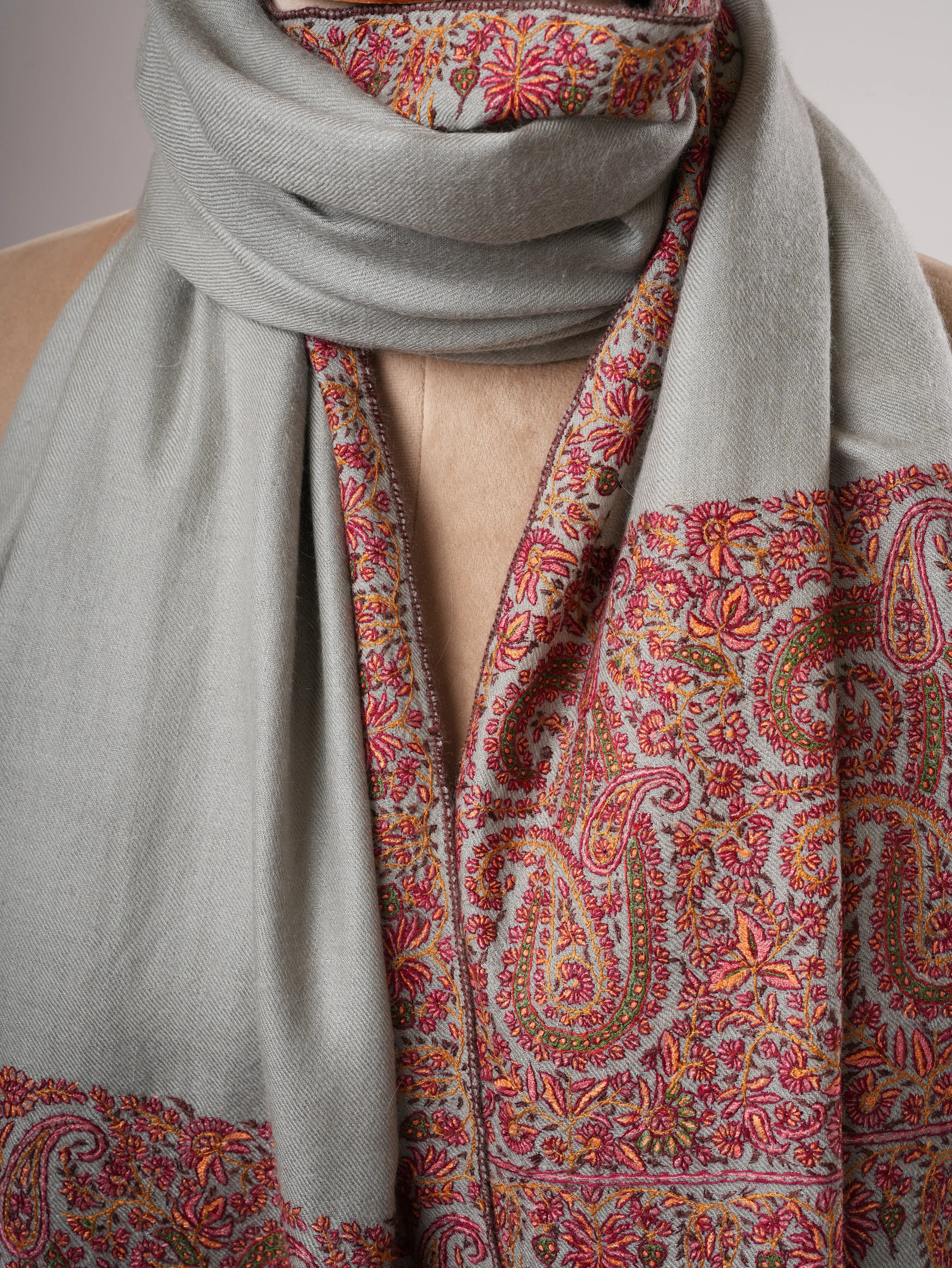 Grey Pashmina Shawl – Hand-Embroidered Paisley Palla Design Shahkaar