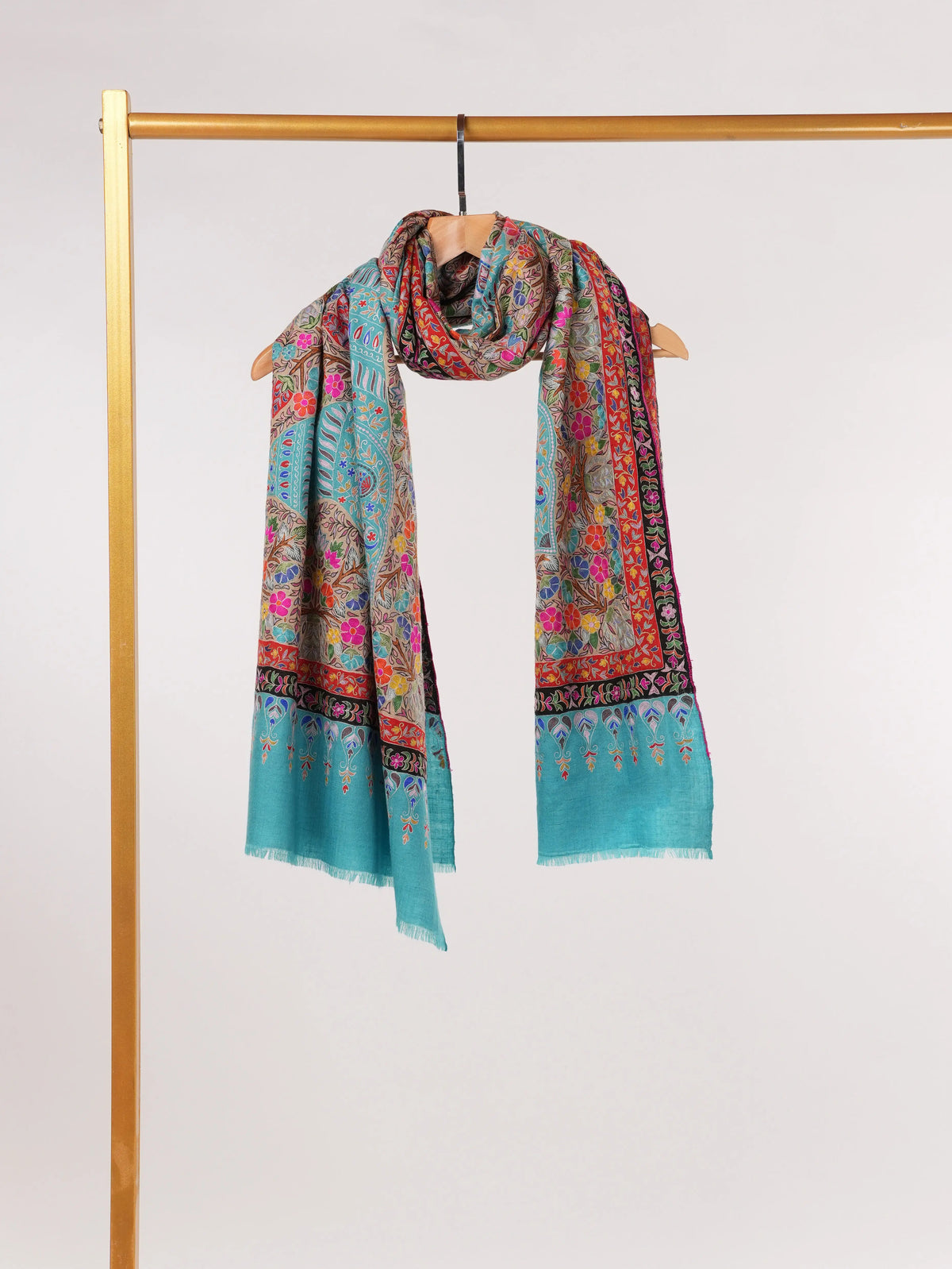 Lightweight Handwoven Blue Pashmina Shawl with Kalamkari Hand Embroidery Shahkaar.com