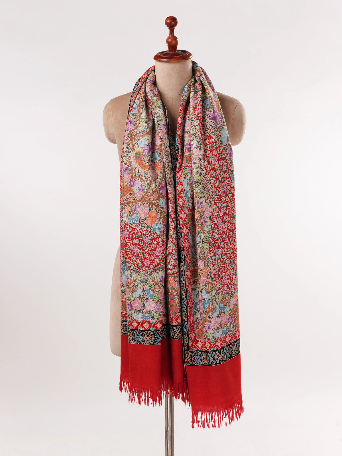 Handwoven Red Pashmina Shawl with Kalamkari Hand Embroidery Shahkaar.com
