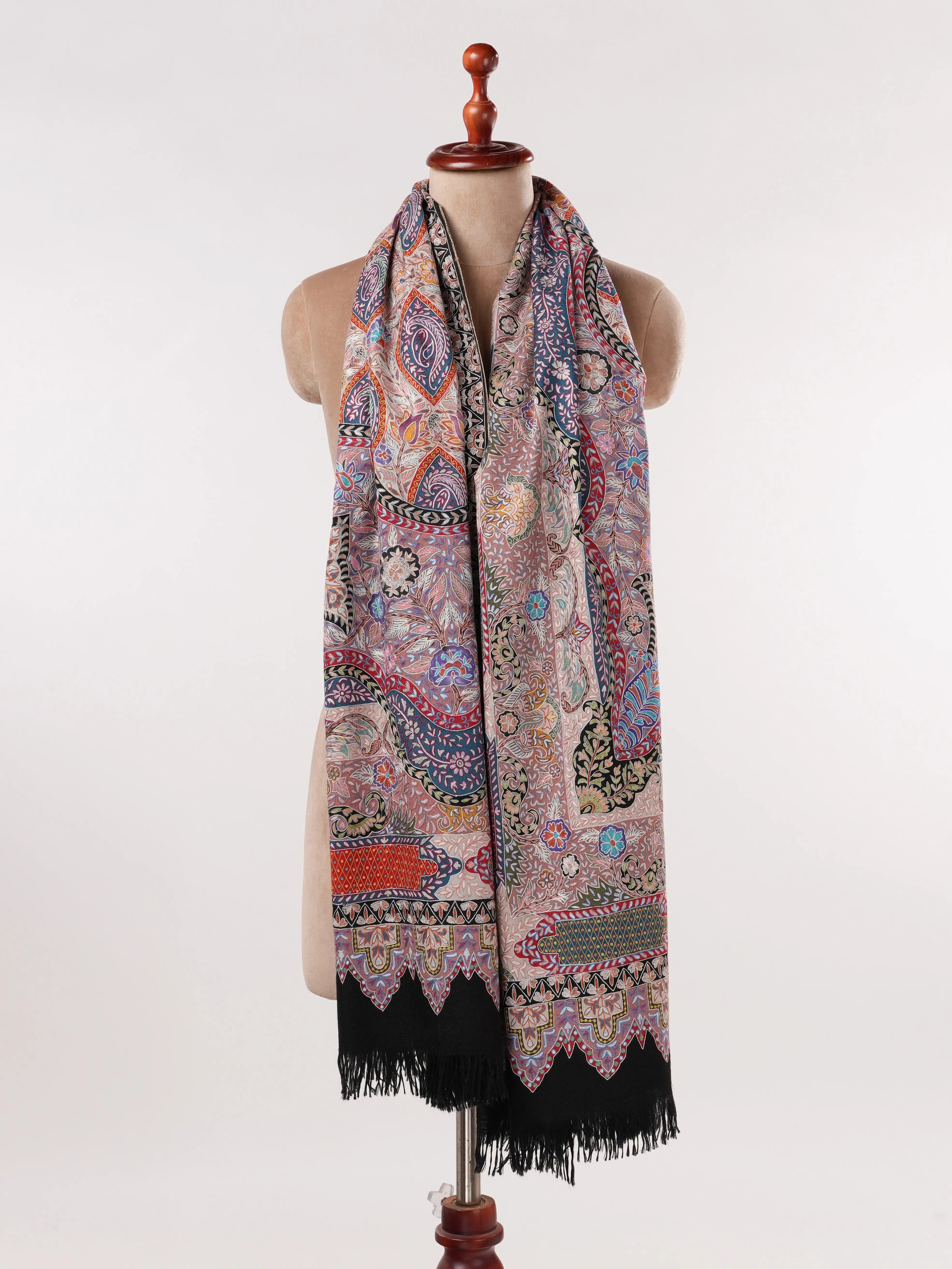 Soft Handwoven Black Pashmina Shawl with Hand Kalamkari Embroidery Shahkaar.com