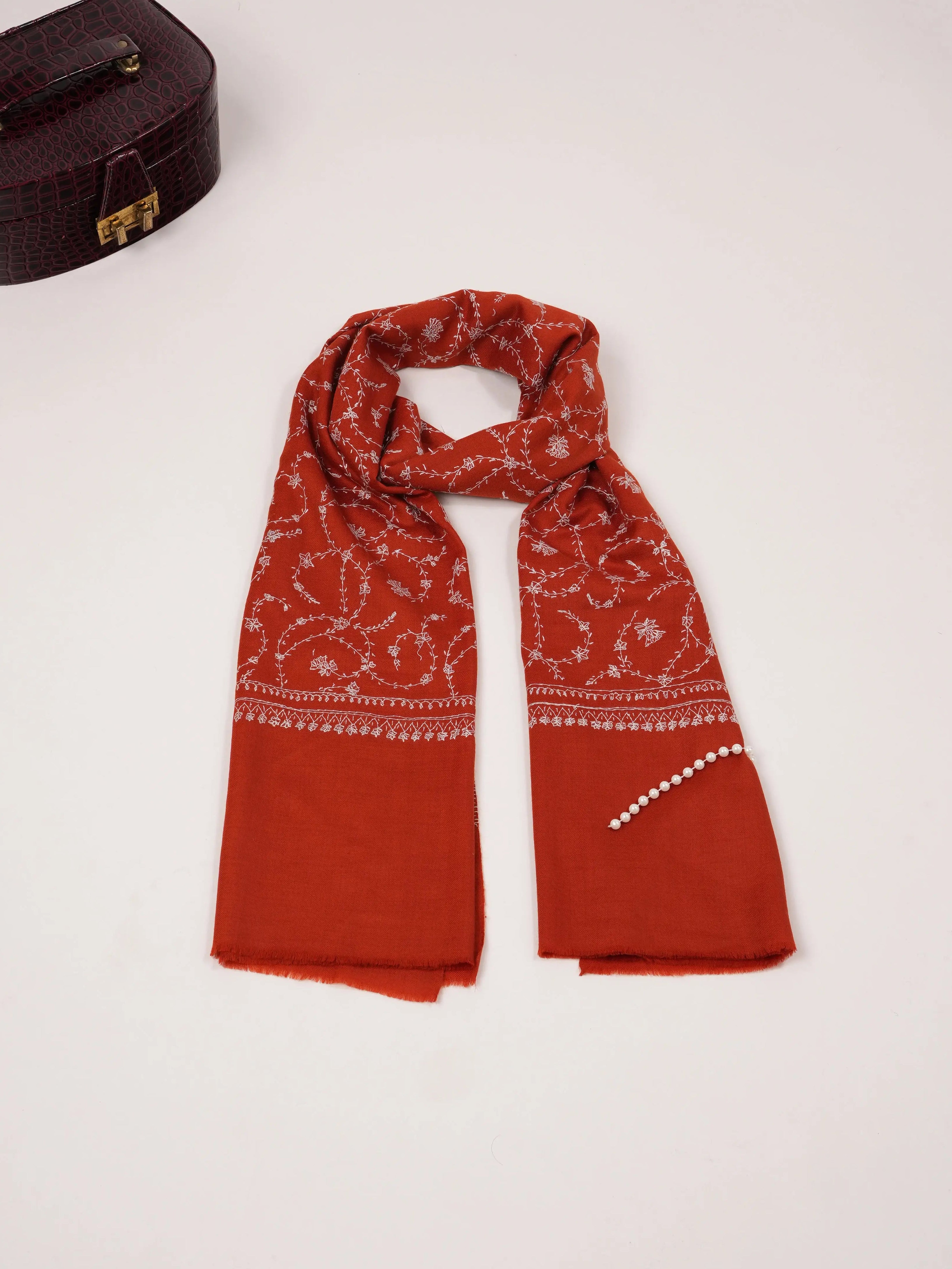 Rust Fine Silk Wool Scarf with Kashmiri Jali Hand Sozni Embroidery Shahkaar.com