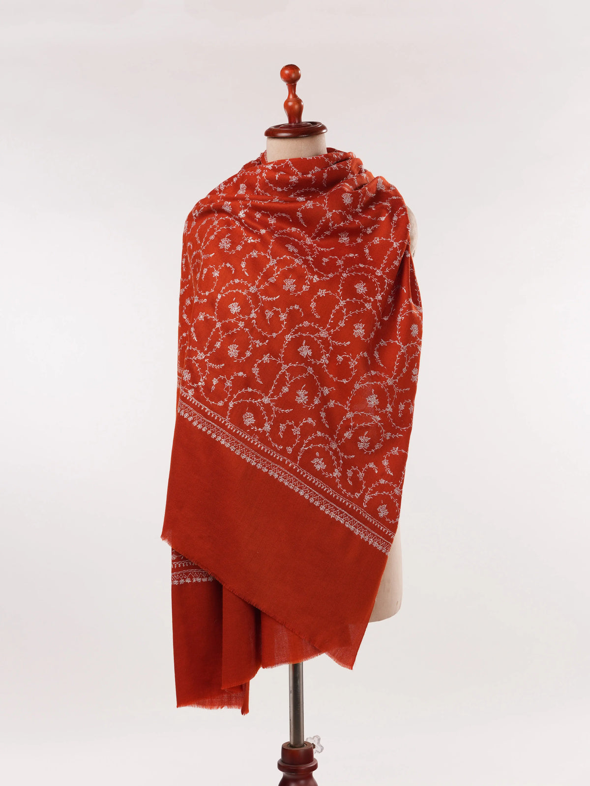 Rust Fine Silk Wool Scarf with Kashmiri Jali Hand Sozni Embroidery Shahkaar.com