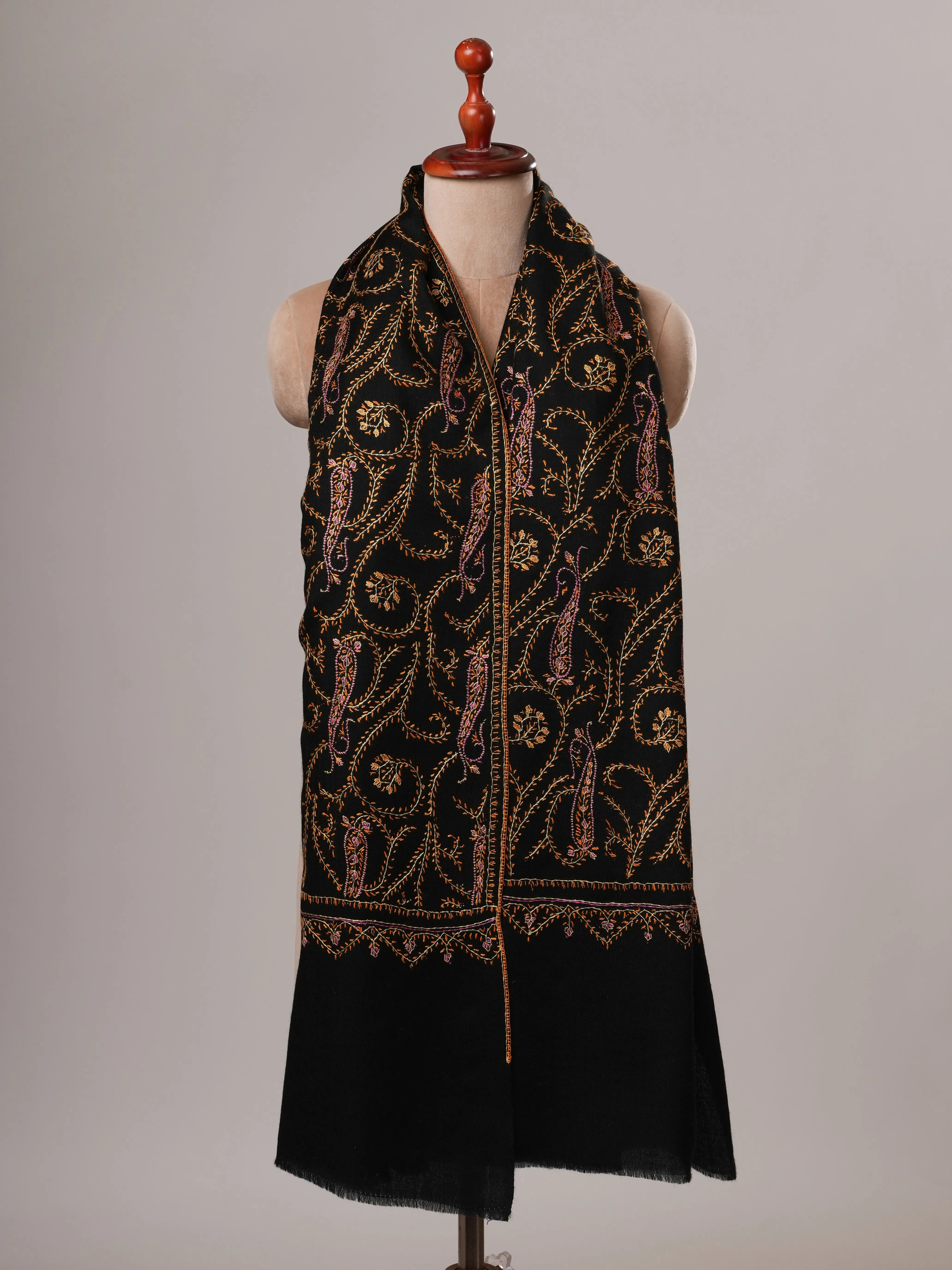 Black Hand Embroidered Jali Fine Wool Warm Shawl Shahkaar
