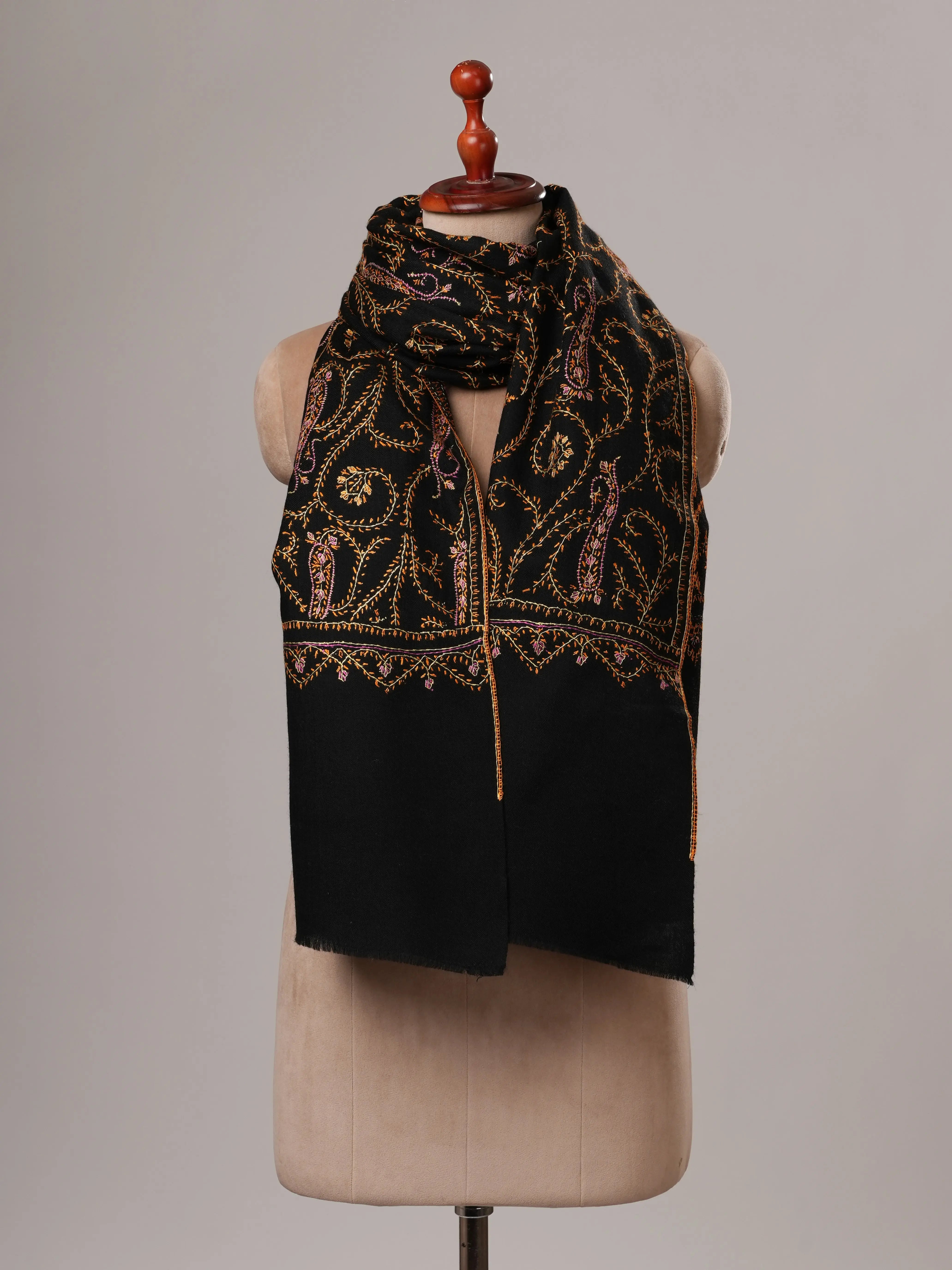 Black Hand Embroidered Jali Fine Wool Warm Shawl Shahkaar