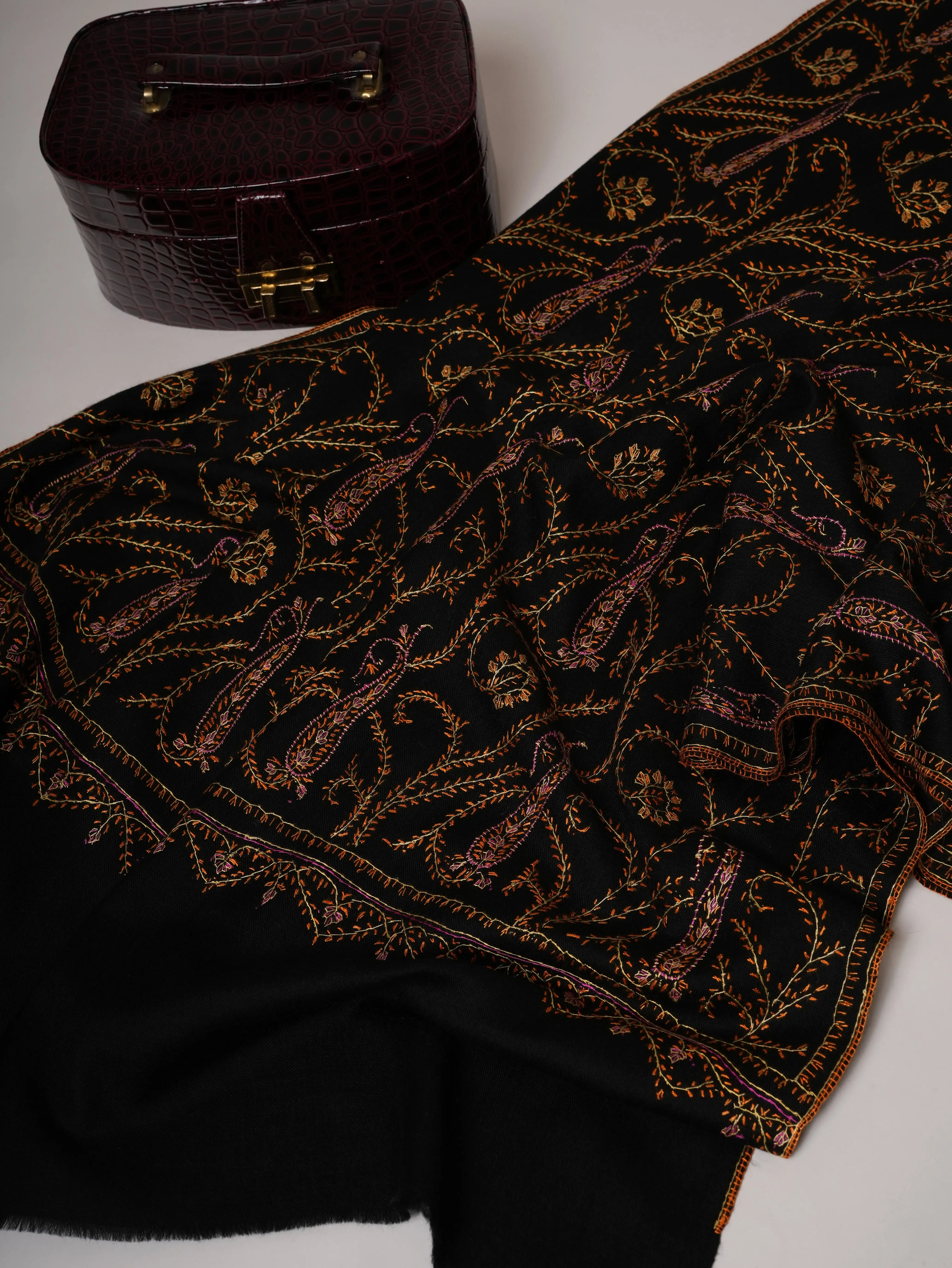Black Hand Embroidered Jali Fine Wool Warm Shawl Shahkaar