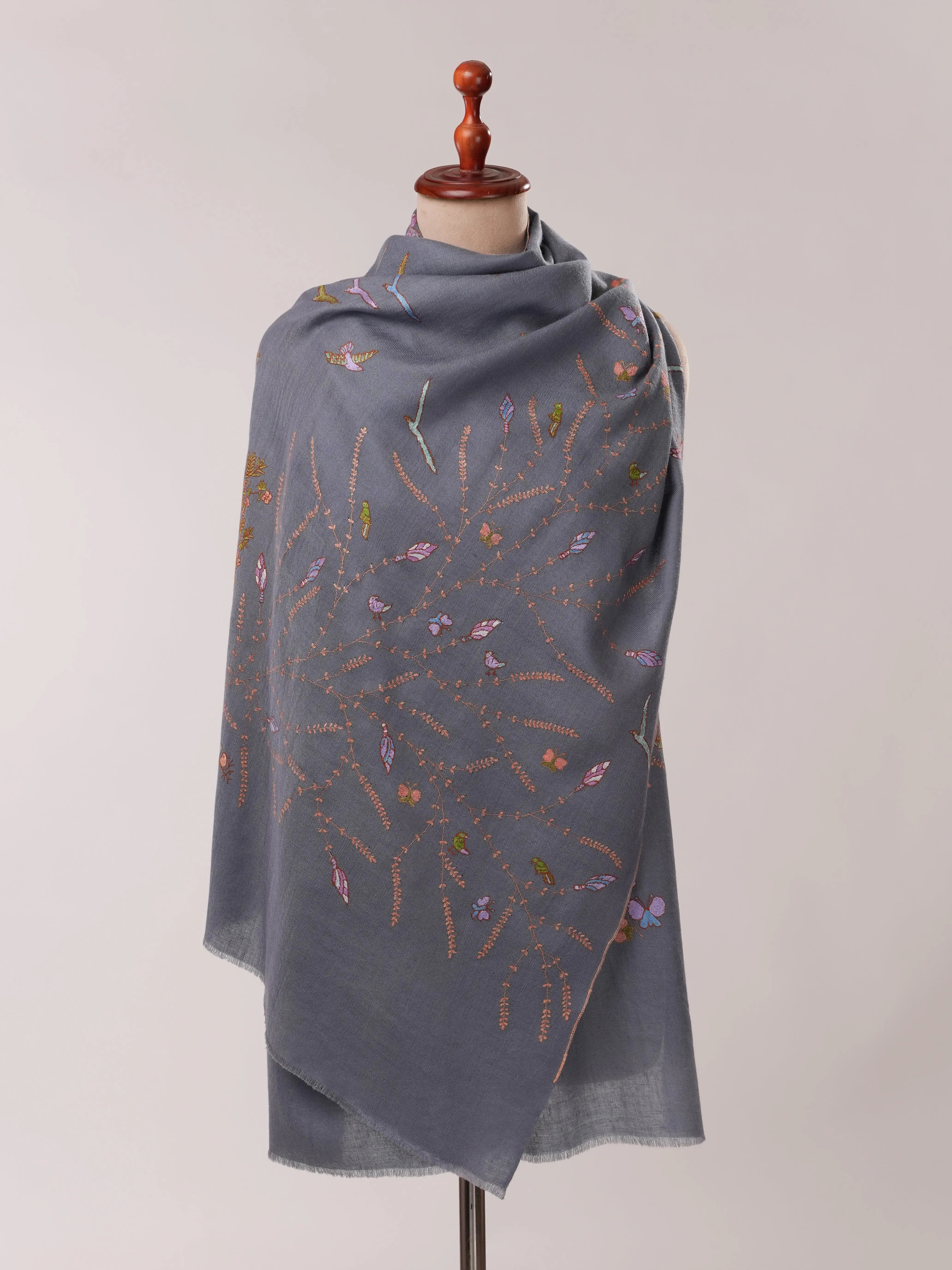 Slate Grey Cashmere Scarf with Hand Embroidery Shahkaar.com