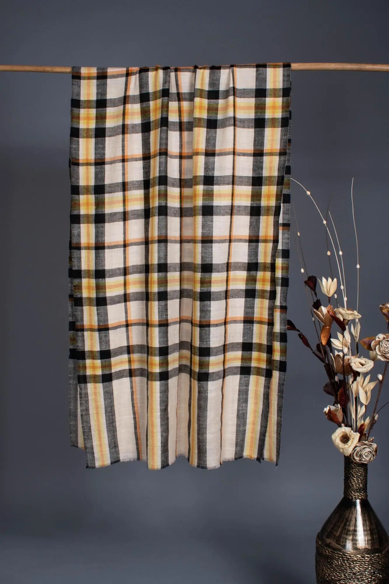 Yellow Black Ivory Check Cashmere Wrap - DIGHA Shahkaar