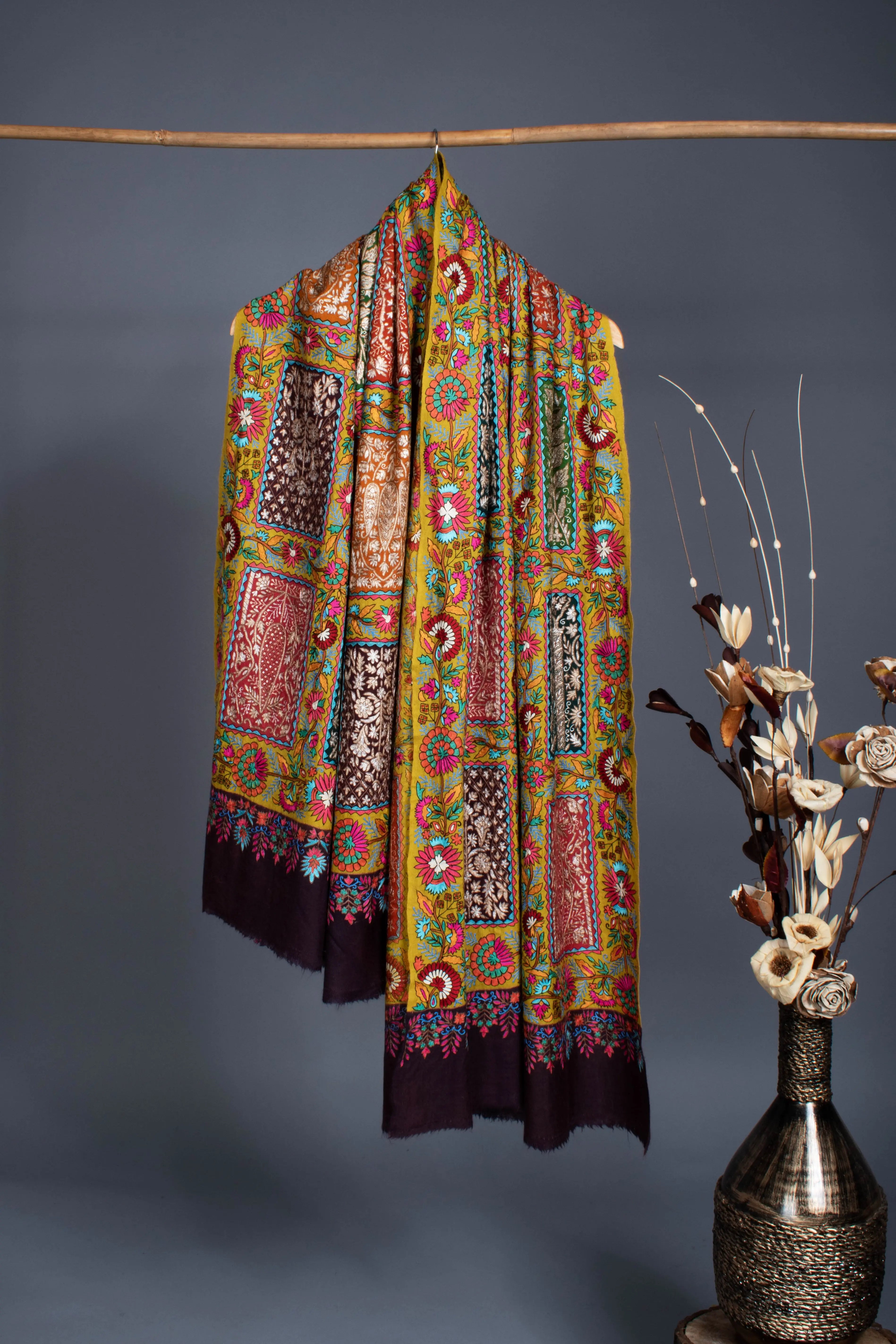 Zari and Art silk Embroidered Fusion Pashmina Shawl Shahkaar