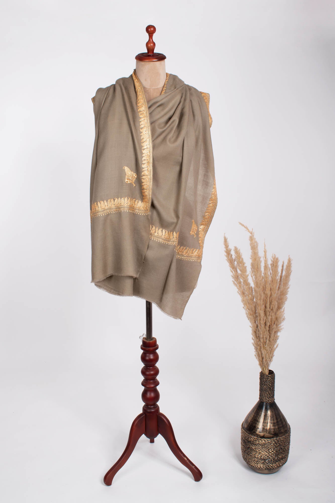 Gold Tilla Embroidered On Toosh Color Pashmina Shawl - CARLSBAD