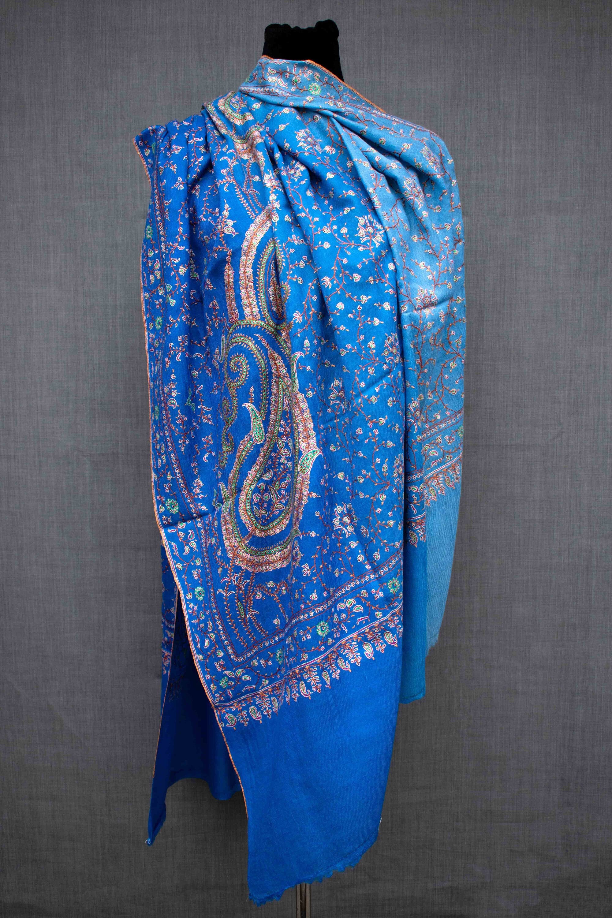 Ombre Blue Pashmina Shawl, Hand Embroided, Hand Woven, Made in Kashmir