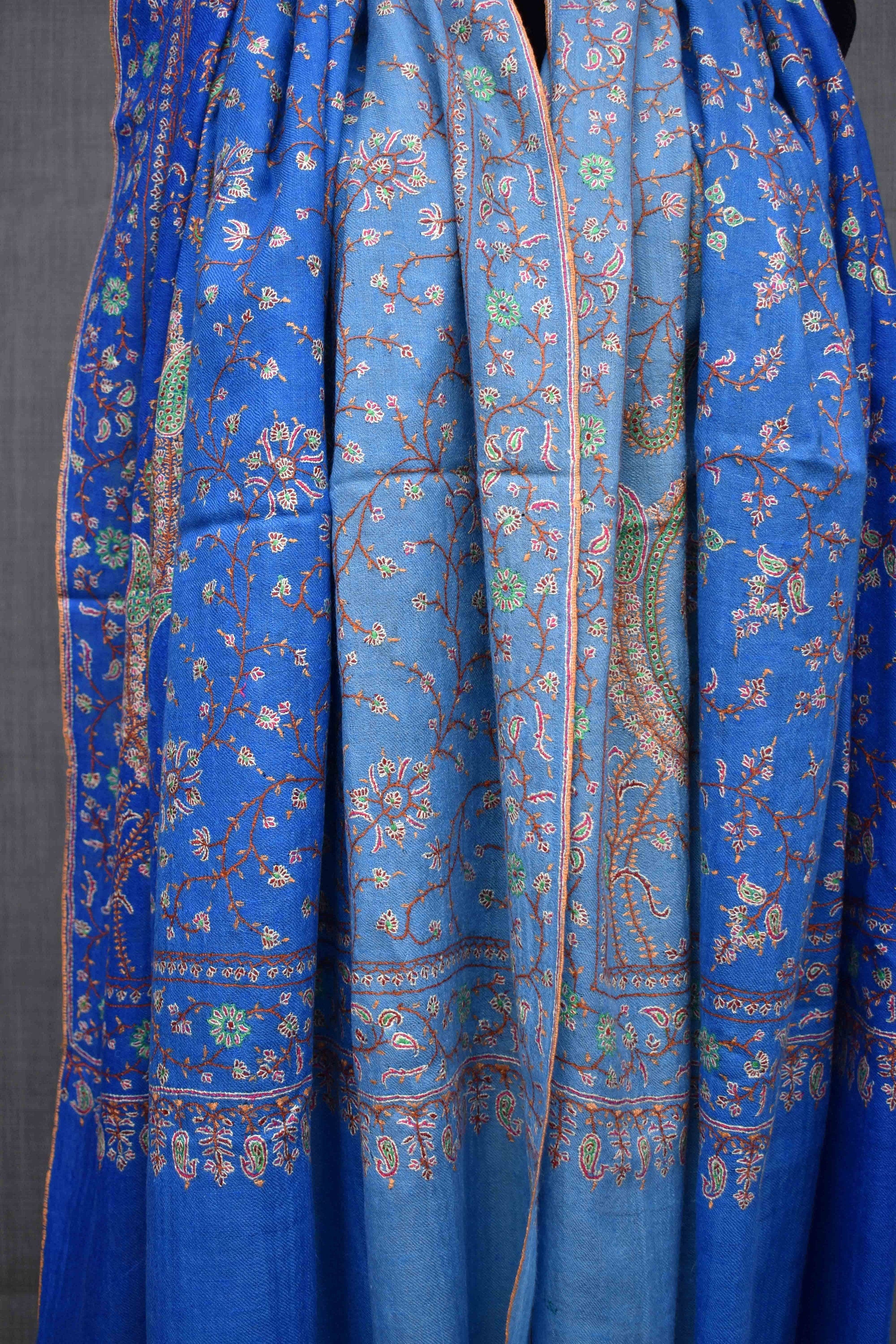 Ombre Blue Pashmina Shawl, Hand Embroided, Hand Woven, Made in Kashmir