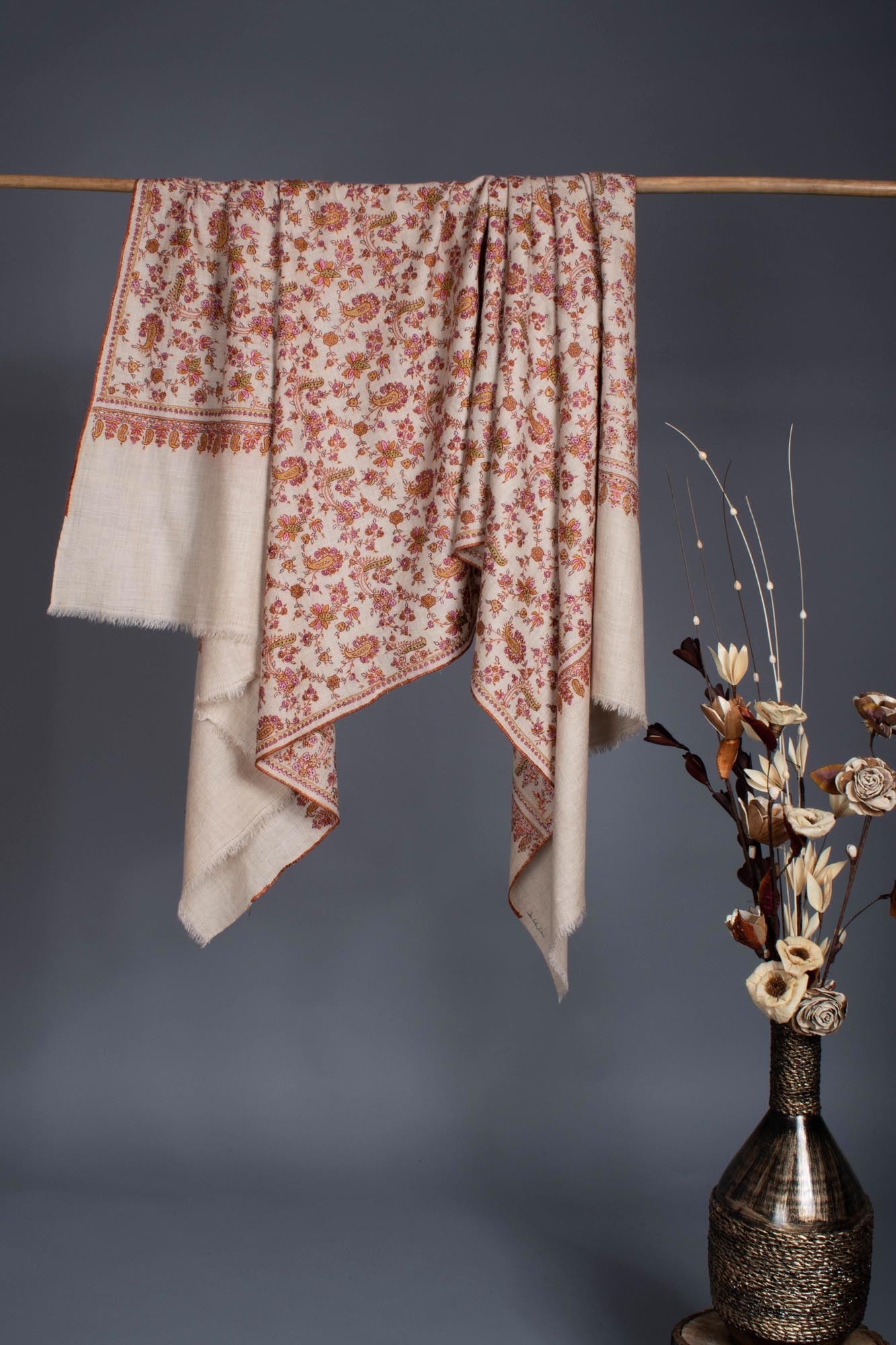 White Hand Embroidered Floral Pashmina Shawl - CENTRAL Shahkaar