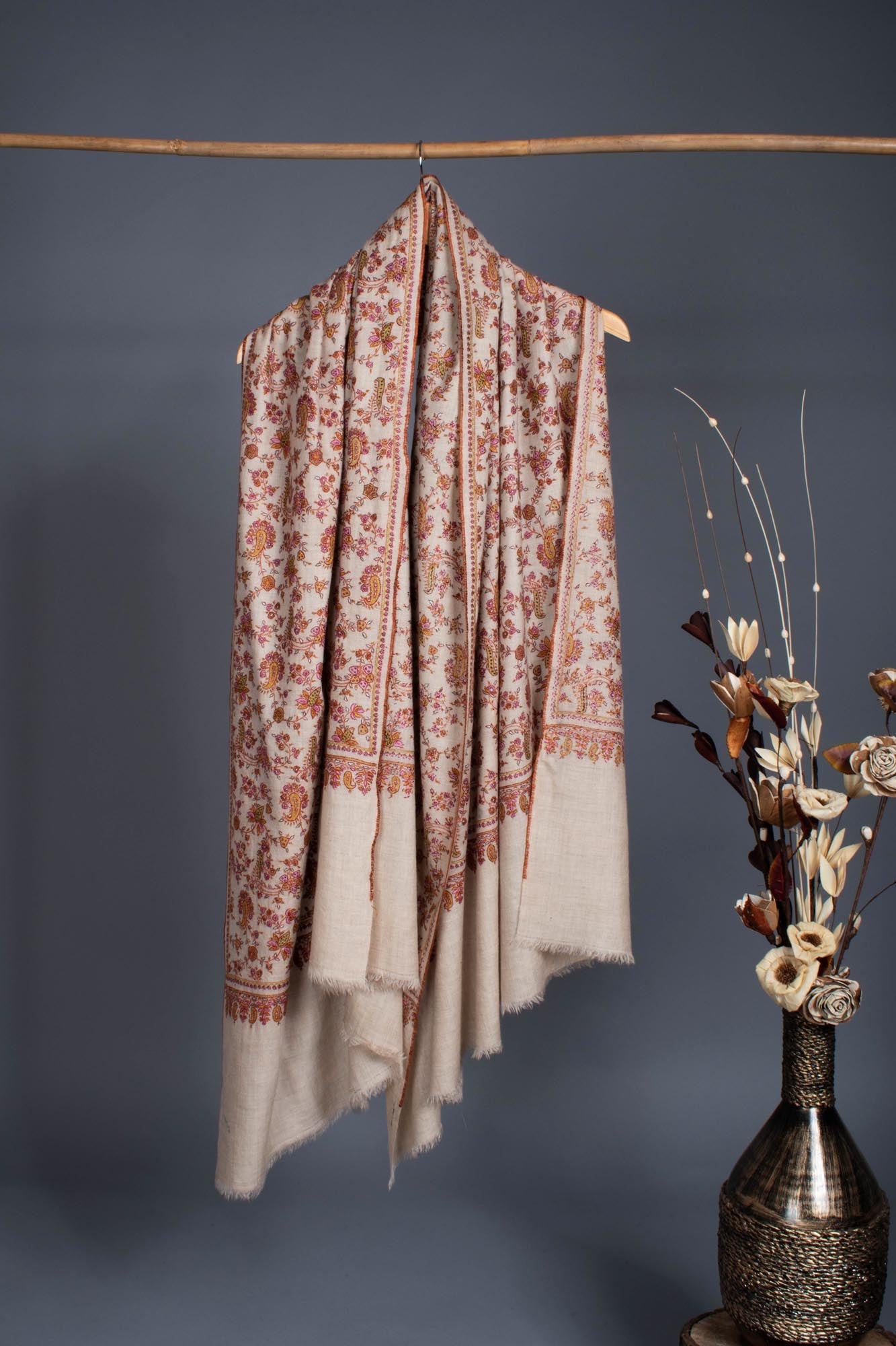 White Hand Embroidered Floral Pashmina Shawl - CENTRAL Shahkaar