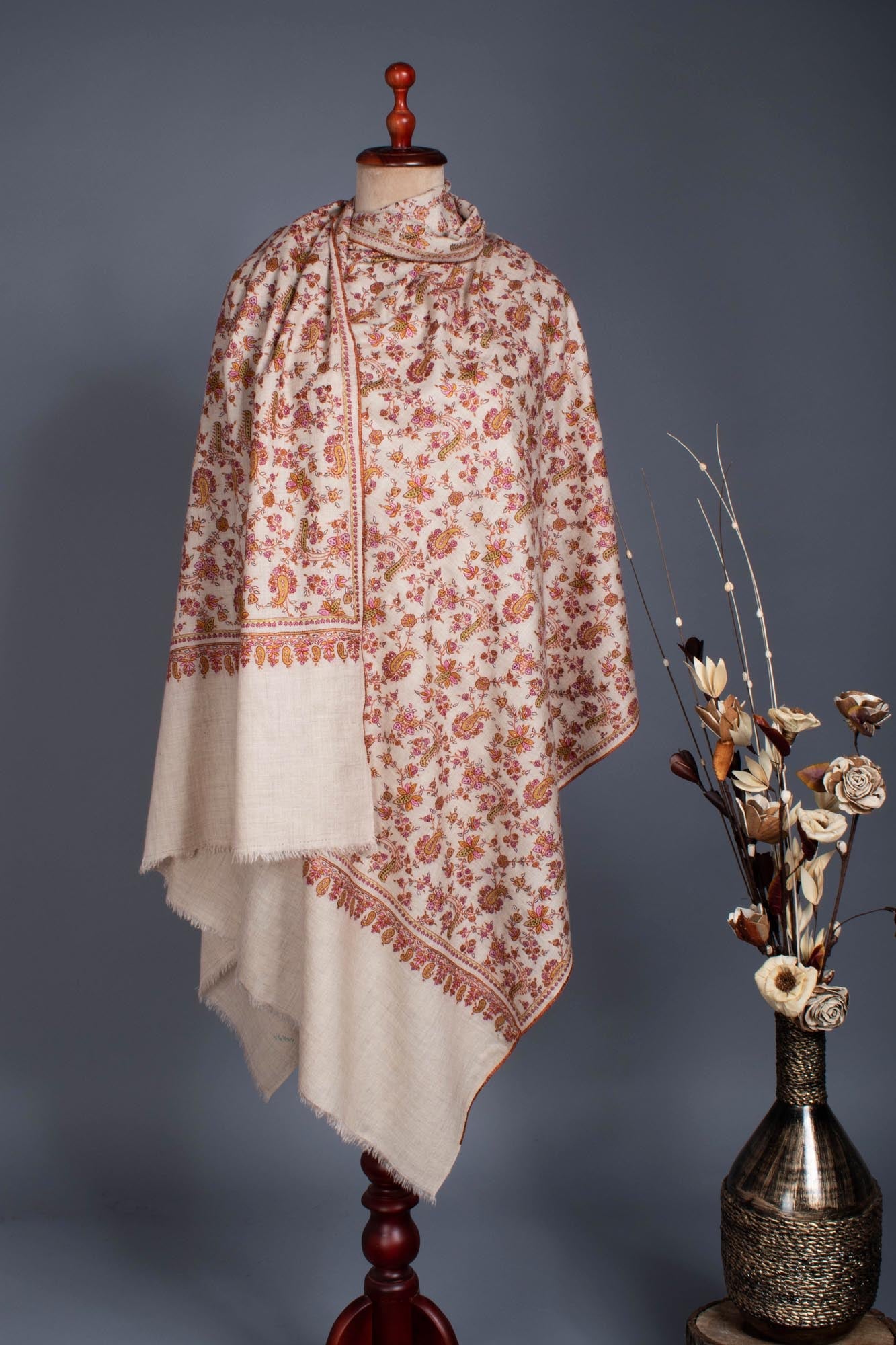 White Hand Embroidered Floral Pashmina Shawl - CENTRAL Shahkaar