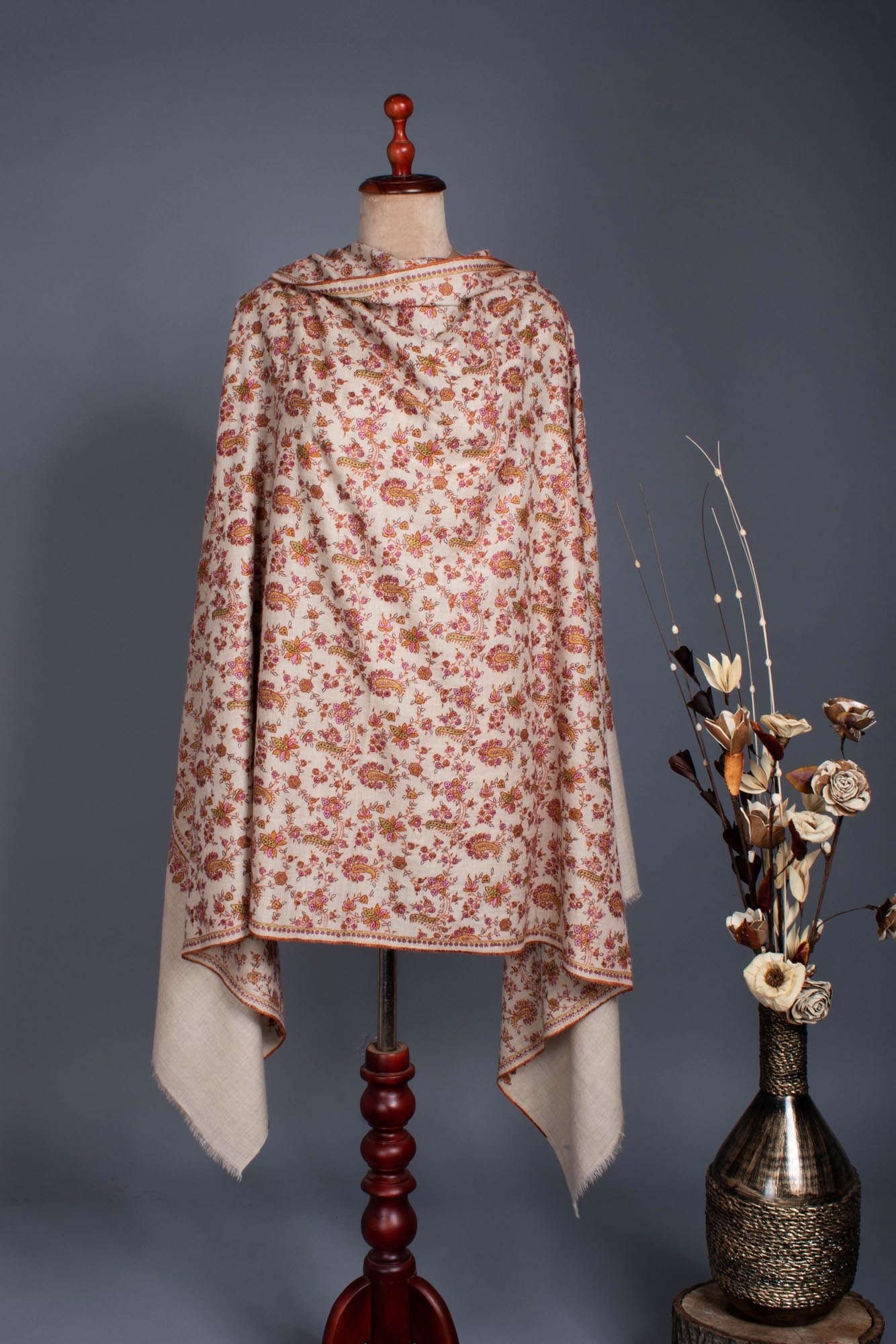 White Hand Embroidered Floral Pashmina Shawl - CENTRAL Shahkaar