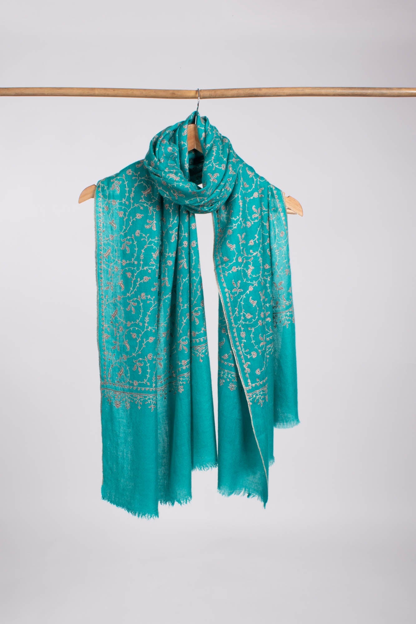 Turquoise Embroidered Women Cashmere Scarf - NOME - Shahkaar