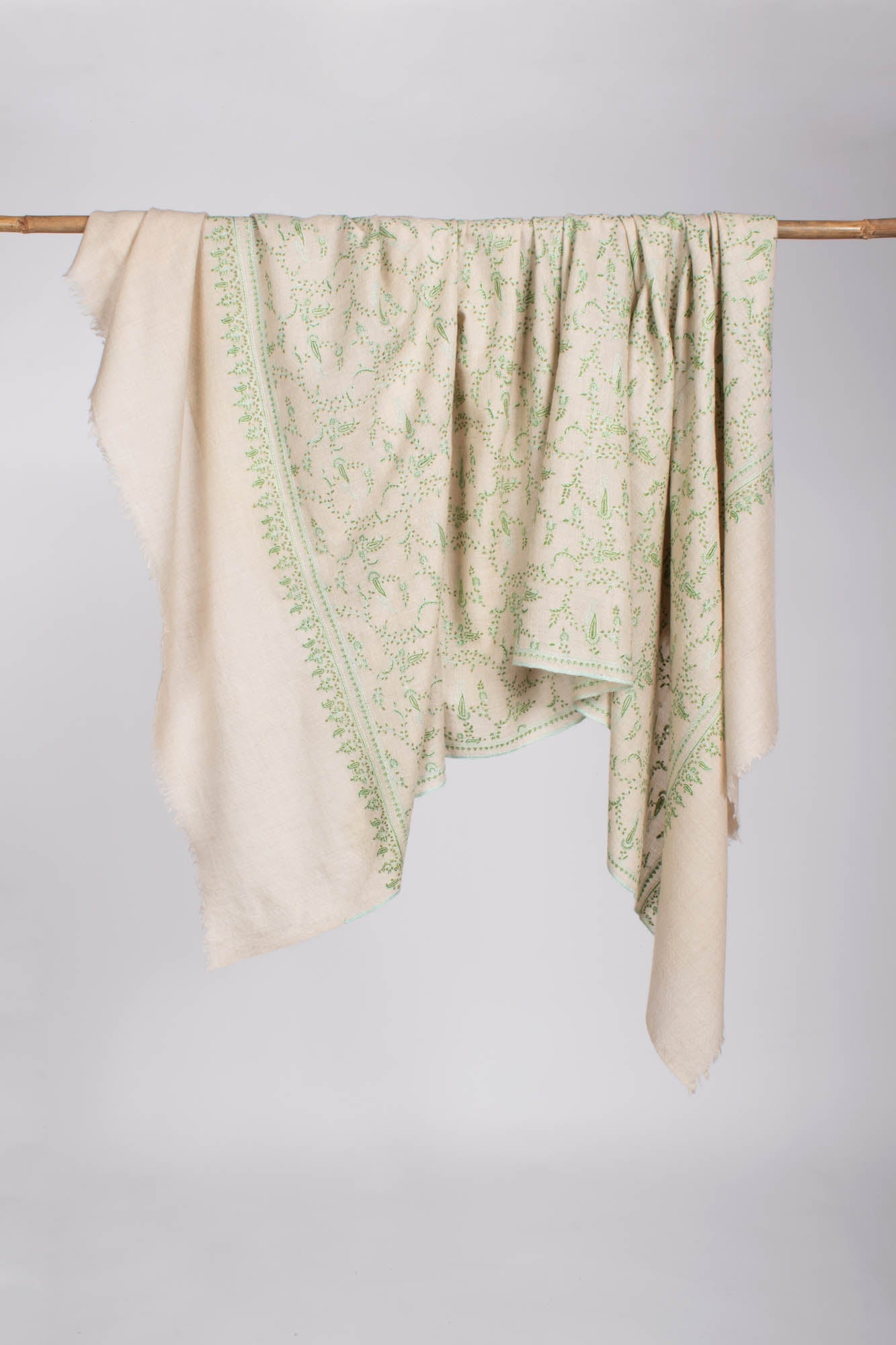 White Kashmiri Pashmina Shawl in Green Embroidery Shahkaar