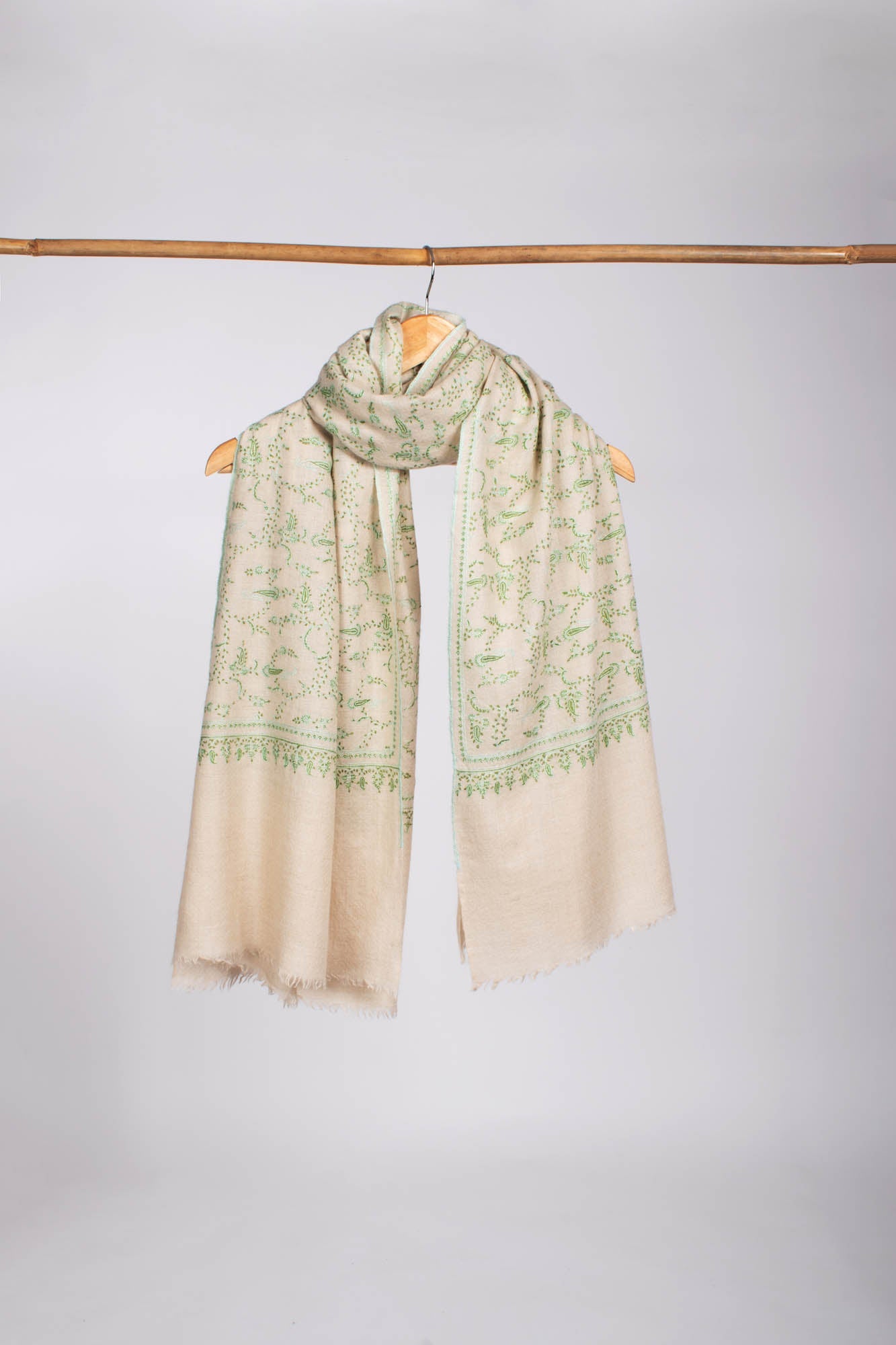 White Kashmiri Pashmina Shawl in Green Embroidery Shahkaar