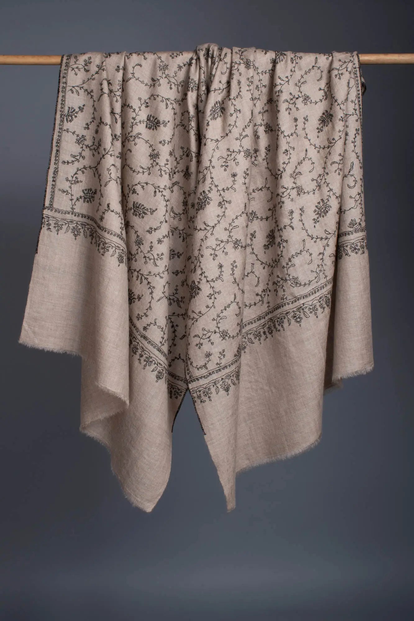 Beige and Black Kashmiri Pashmina Scarf - KAYSERBERG Shahkaar