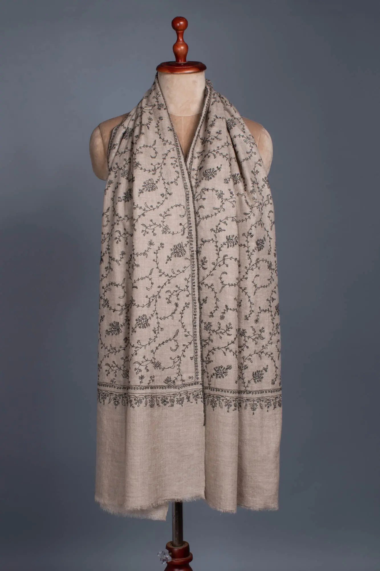 Beige and Black Kashmiri Pashmina Scarf - KAYSERBERG Shahkaar