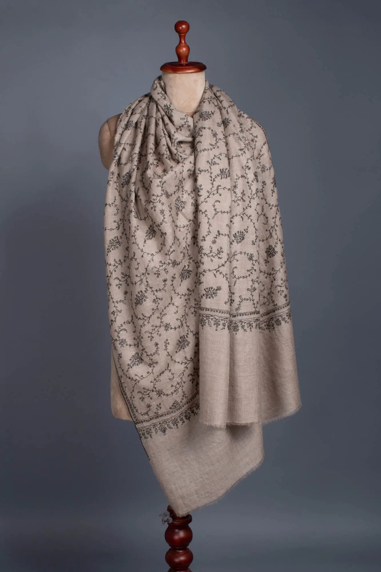 Beige and Black Kashmiri Pashmina Scarf - KAYSERBERG Shahkaar