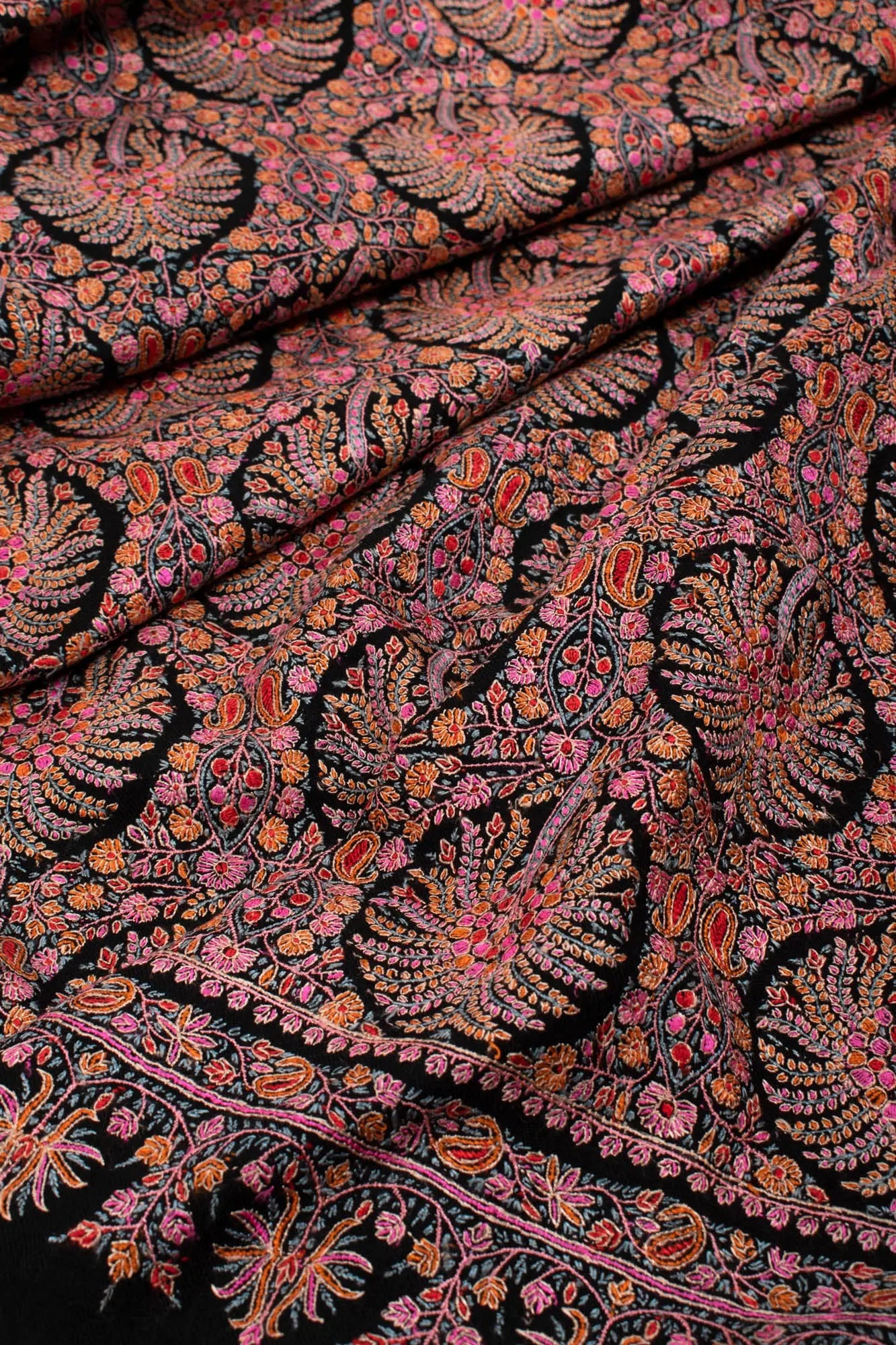 Black Silk Embroidered Pashmina Shawl - ABBAS Shahkaar