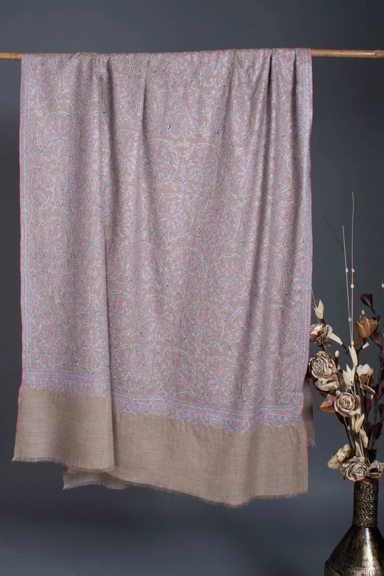 Blue and Beige Pure Pashmina Shawl With Sozni Embroidery - EDMONTON Shahkaar