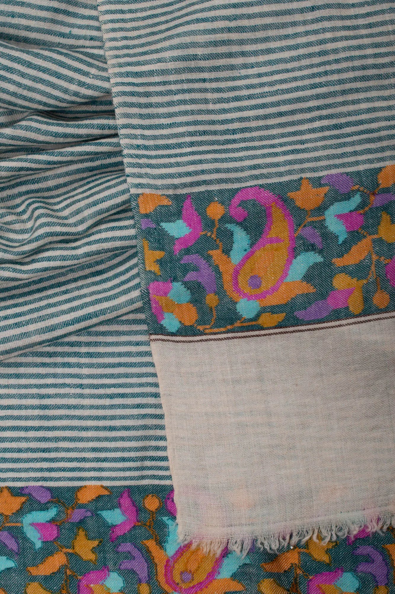 Blue and White Stripes Kani Pashmina Scarf - OLVERA Shahkaar