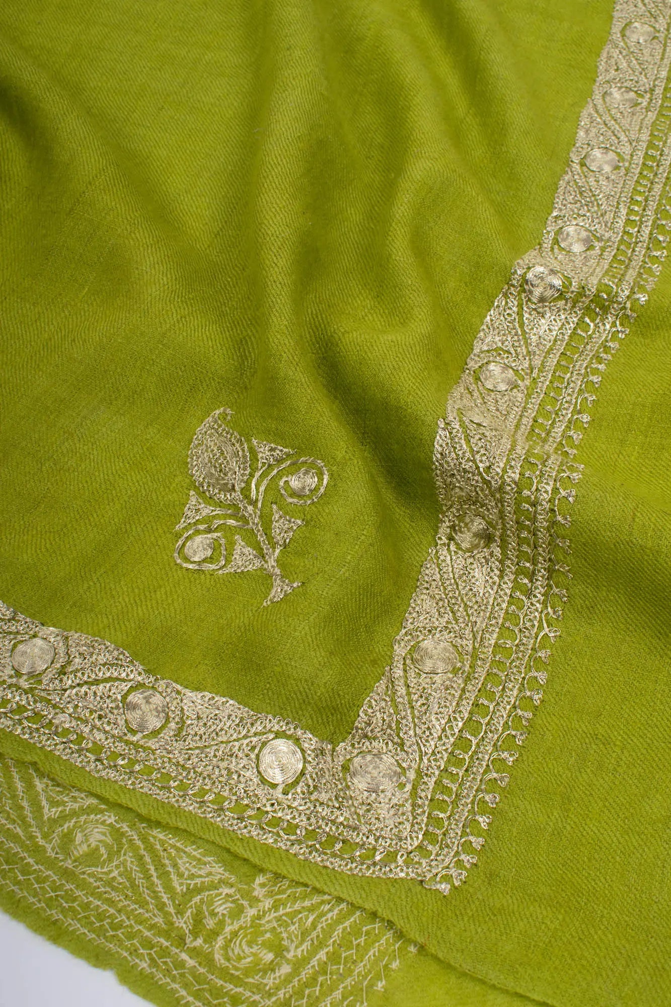 Chartreuse Green Hand Mettalic Silver Embroidery Cashmere Scarf Shahkaar