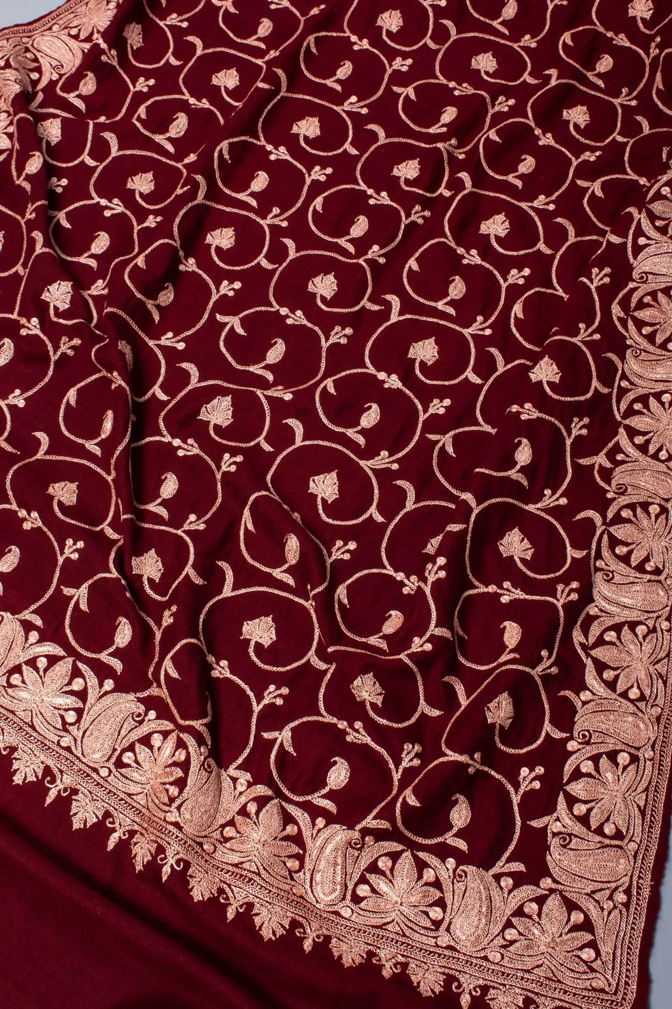 Hand Spun Maroon Hand Tilla Embroidered Pashmina Shawl - SHUWAIKH Shahkaar