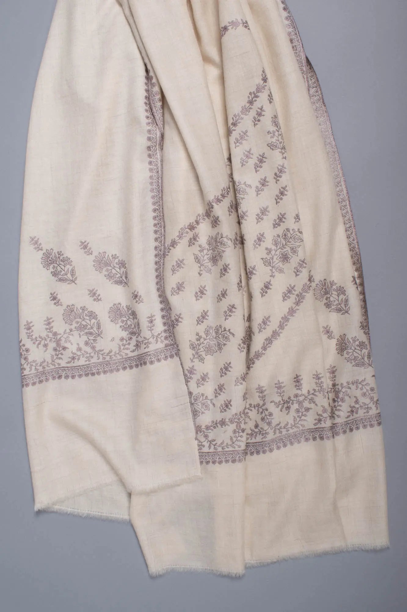 Ivory Wrap With Mughal Paisley Embroidered Pashmina - IVALO Shahkaar