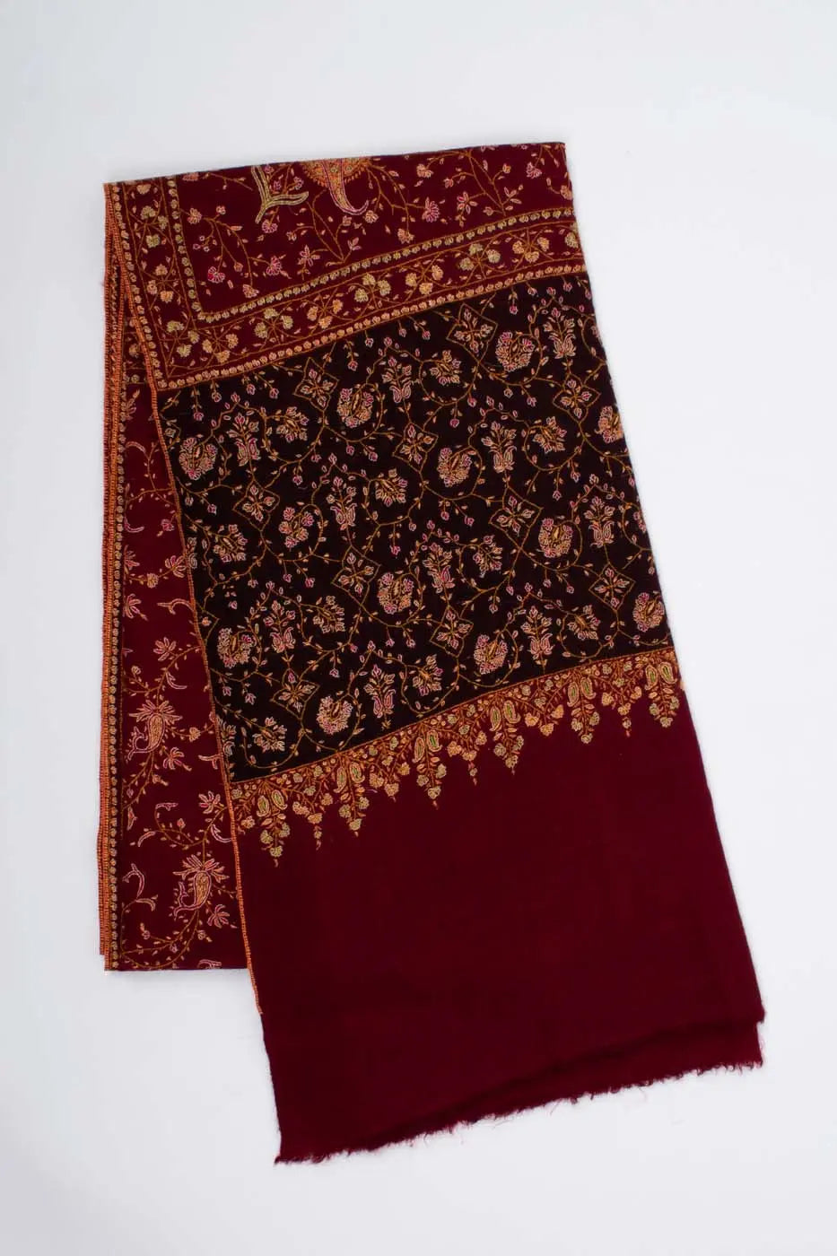 Maroon and Black Hand Embroidered Pashmina Shawl - NEWPORT Shahkaar