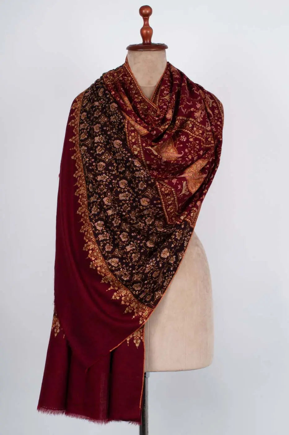 Maroon and Black Hand Embroidered Pashmina Shawl - NEWPORT Shahkaar