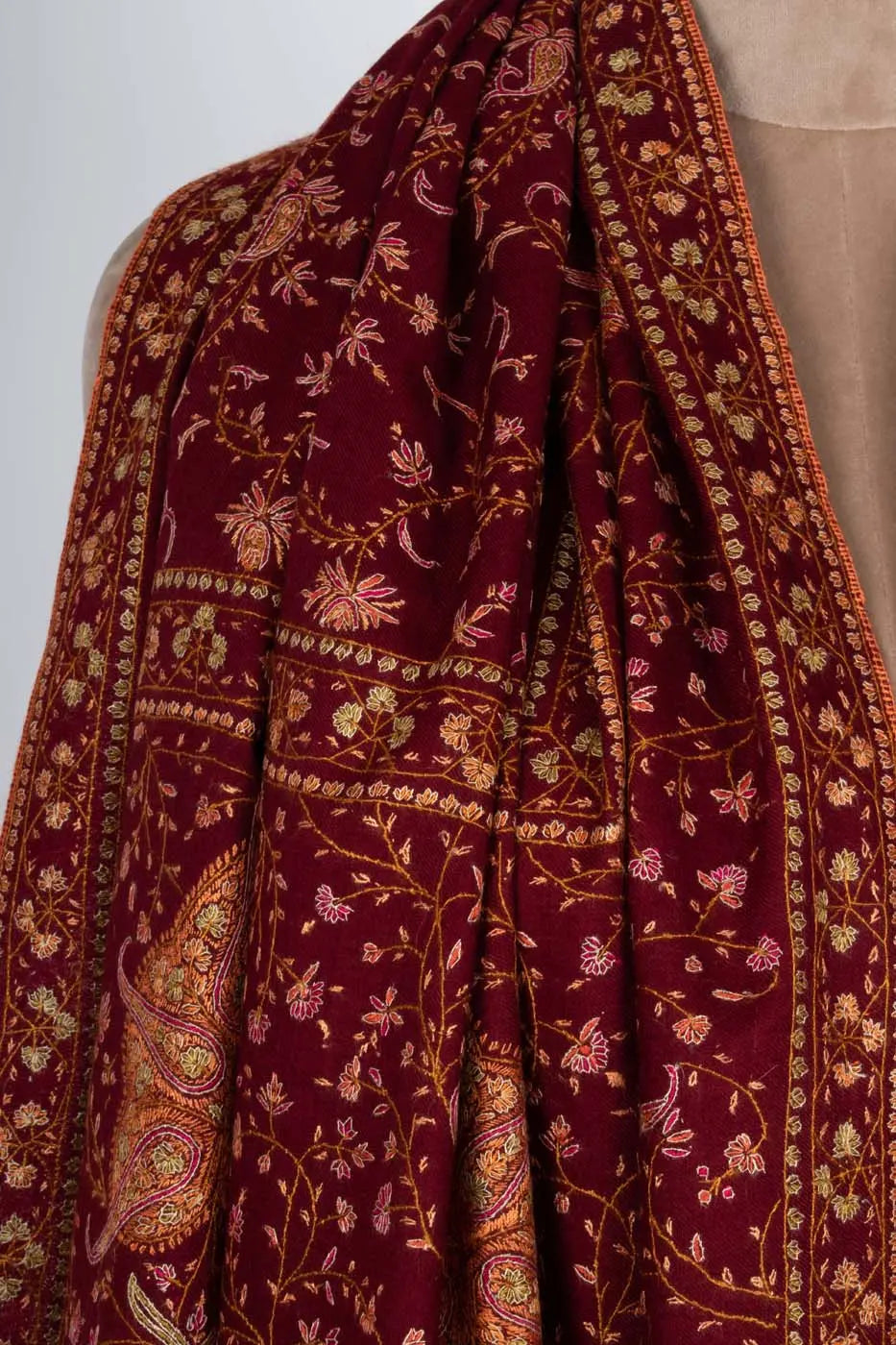 Maroon and Black Hand Embroidered Pashmina Shawl - NEWPORT Shahkaar