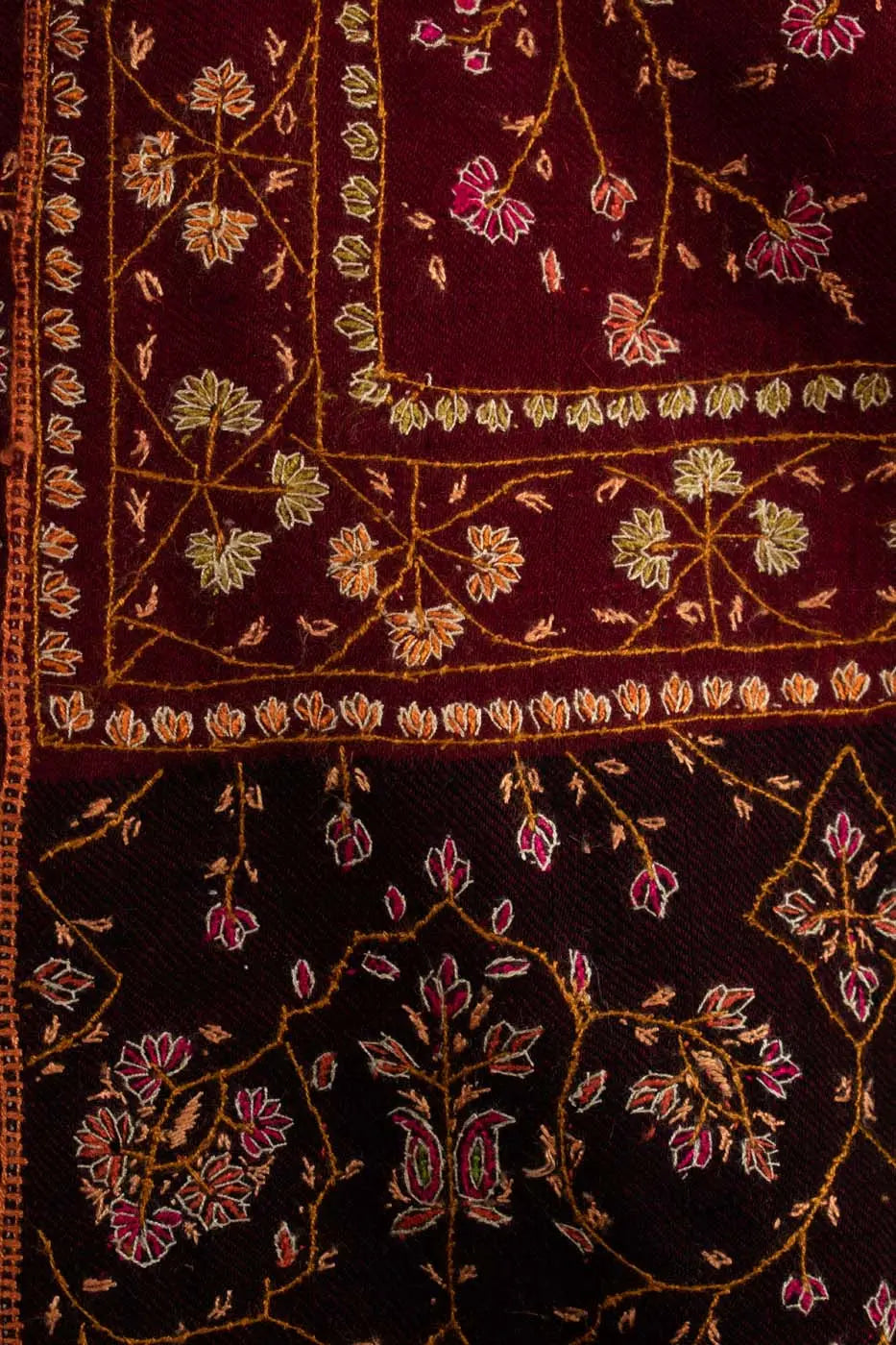 Maroon and Black Hand Embroidered Pashmina Shawl - NEWPORT Shahkaar
