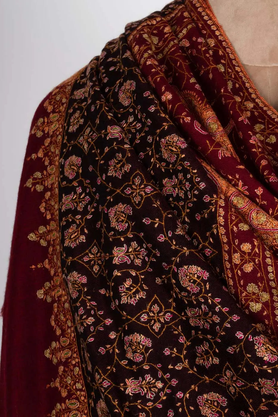 Maroon and Black Hand Embroidered Pashmina Shawl - NEWPORT Shahkaar
