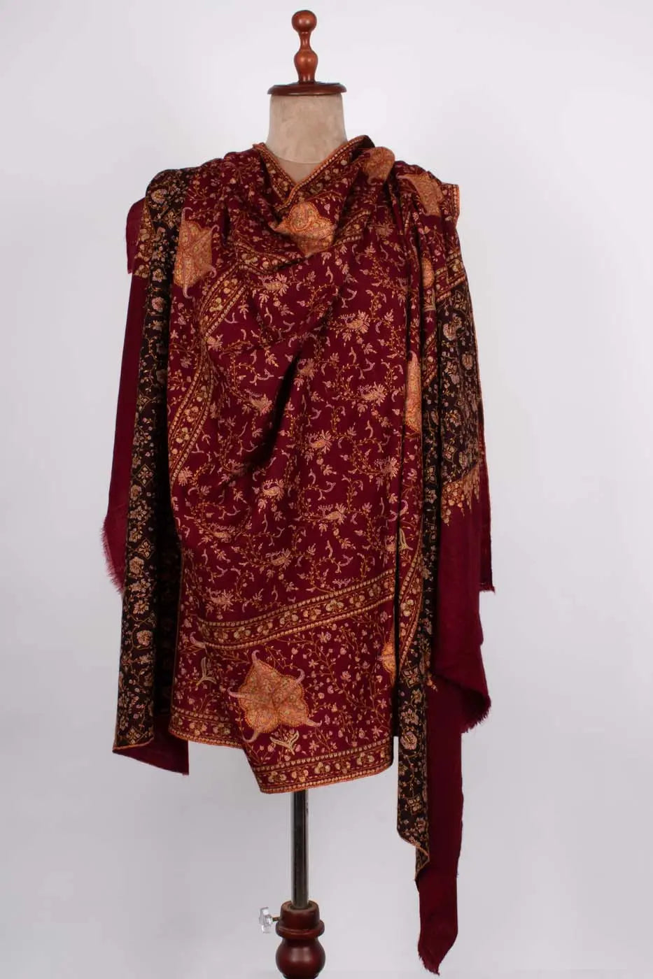 Maroon and Black Hand Embroidered Pashmina Shawl - NEWPORT Shahkaar