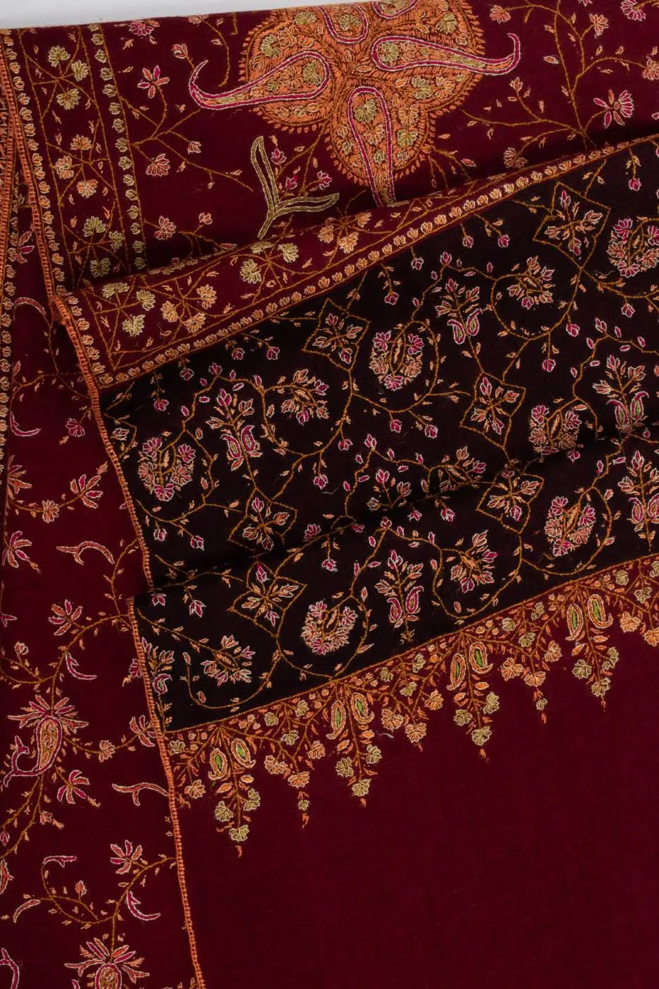 Maroon and Black Hand Embroidered Pashmina Shawl - NEWPORT Shahkaar