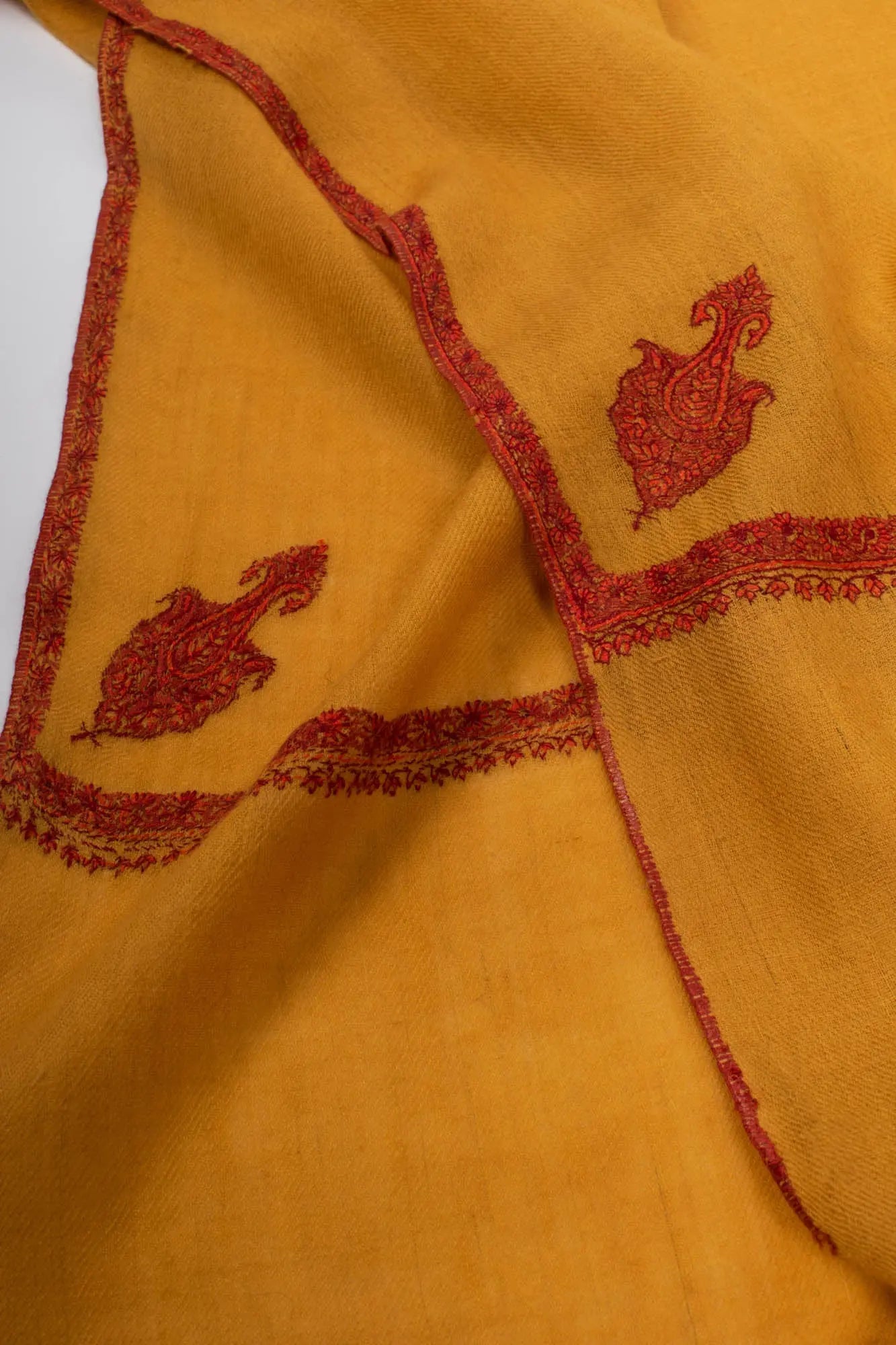 Mustard Hand Embroidered Bail Pashmina Shawl - GUADALUPE Shahkaar
