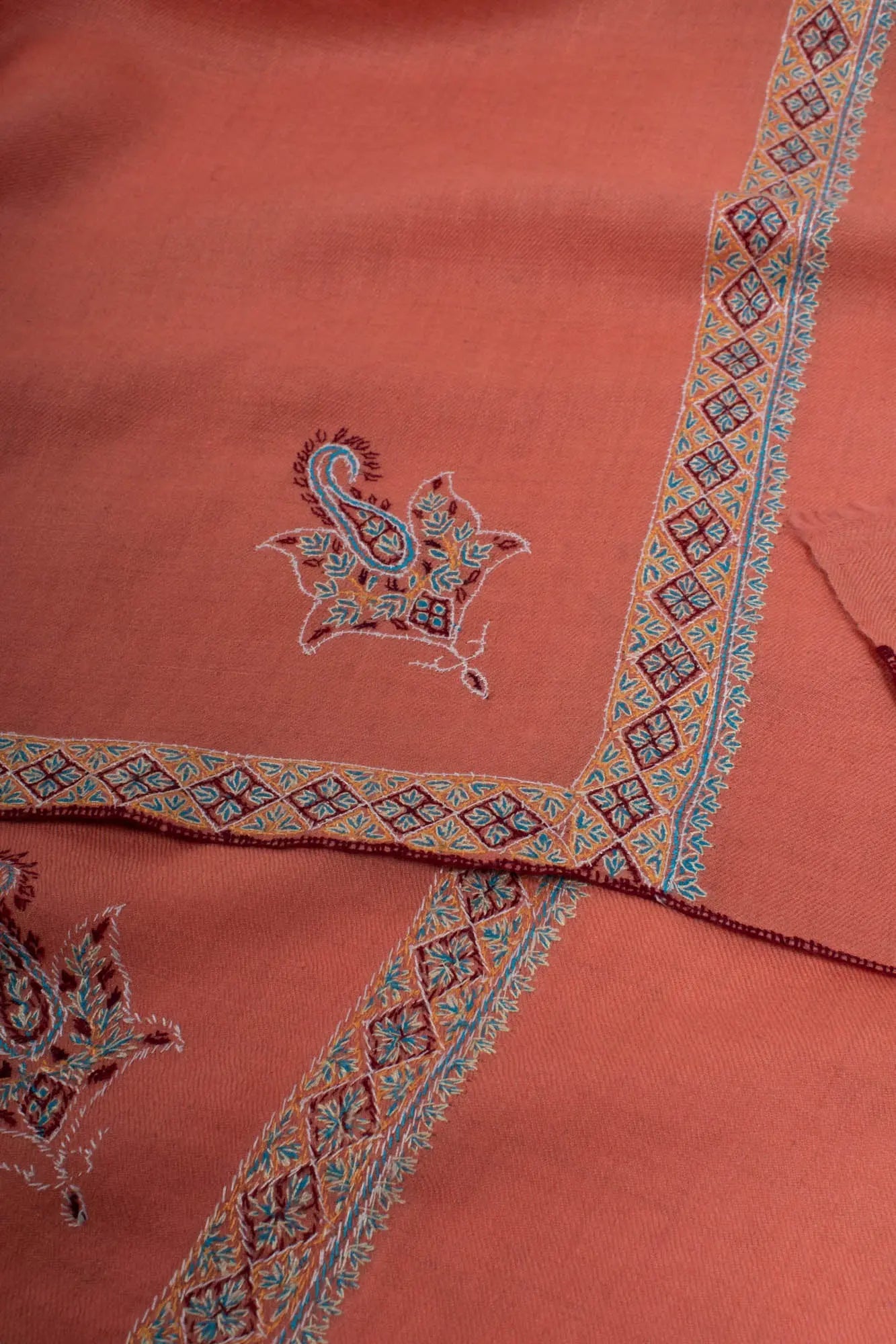 Peach Hand Embroidered Kashmiri Pashmina Shawl - HERMOSILLO Shahkaar